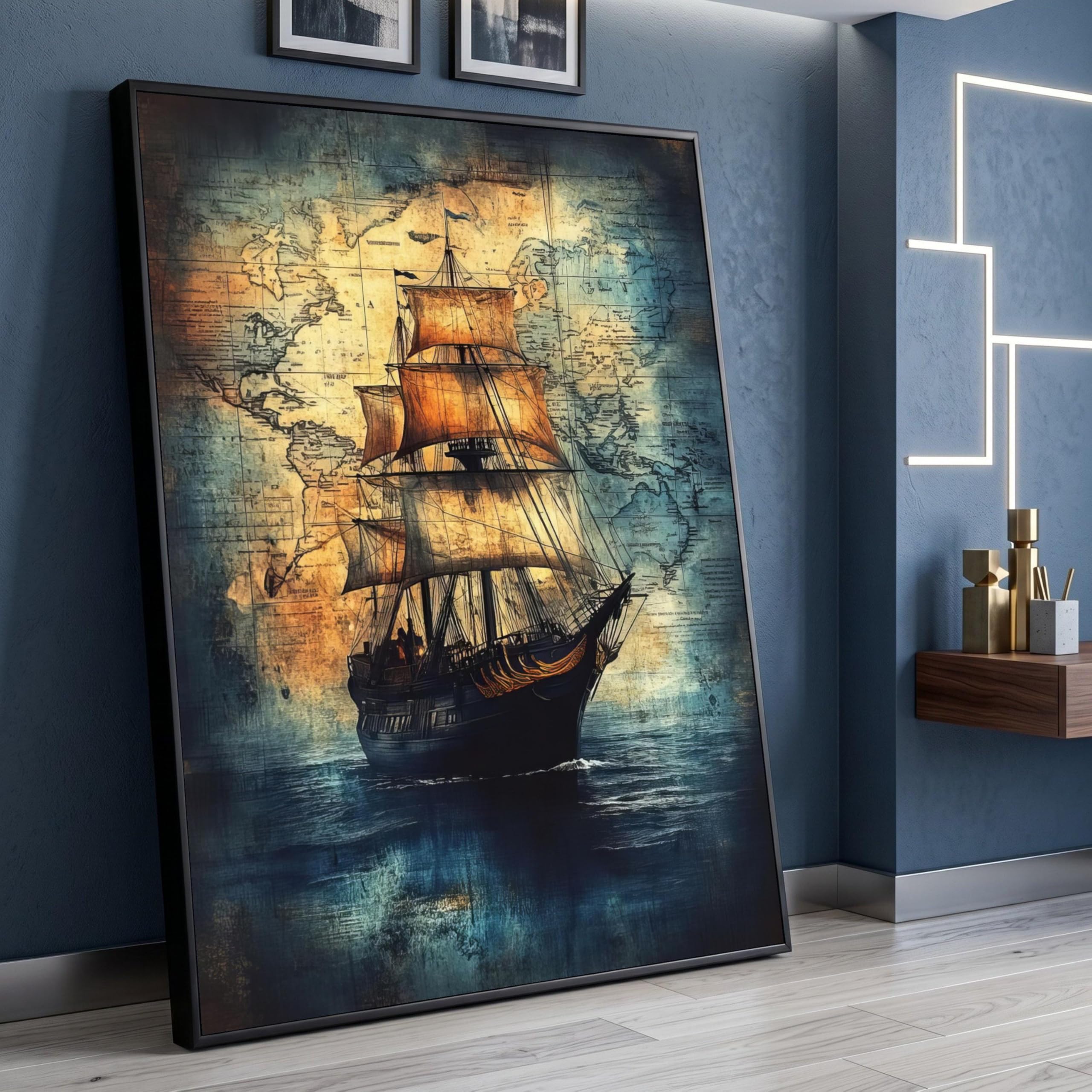 TONGYINLI Vintage Sailing Ship Canvas Wall Art, Old Map Background Posters, Nautical Decor, Antique Ship Painting Canvas Print(70x110cm/Frameless)