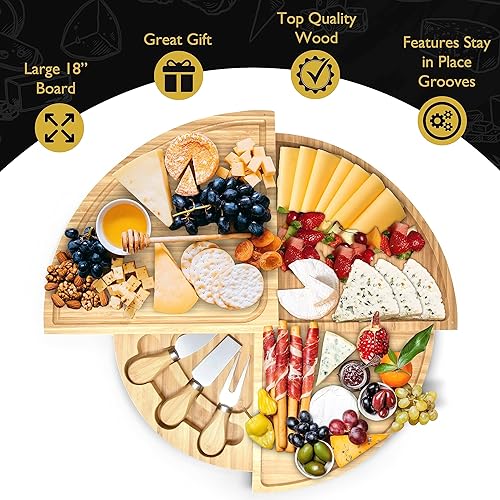 Miniatura 2 de Perlli Juego de tabla y cuchillos de bambú para queso, grande, plegable, de 18 pulgadas, redondo, de madera, giratoria, charcutería, plato de