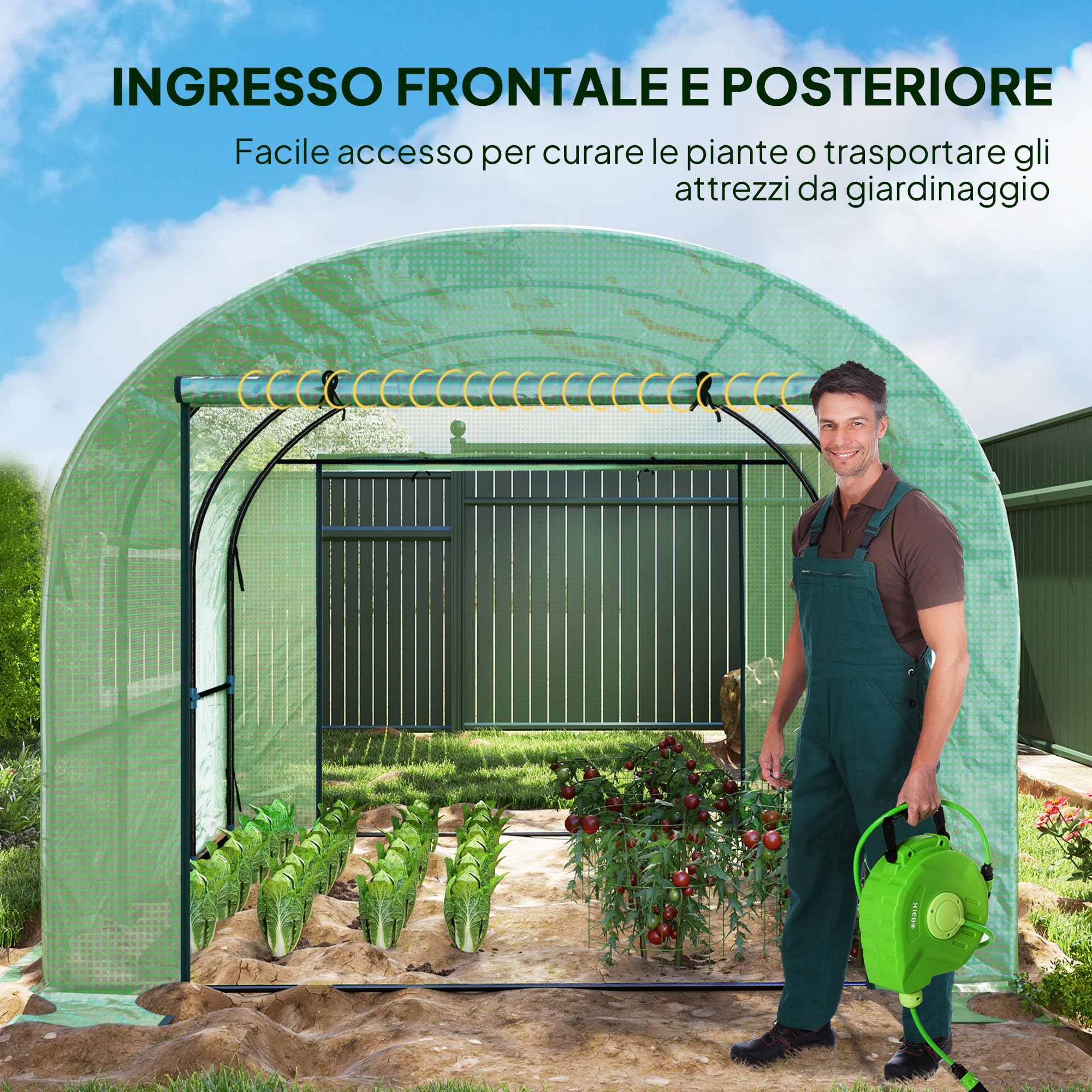 Outsunny Serra da Giardino a Tunnel 3x3x2 m con Porte e Finestre Avvolgibili, Serra per Orto con Struttura in Acciaio e Copertura PE, per Orto Verdure Fiori Frutta, Anti UV, Verde