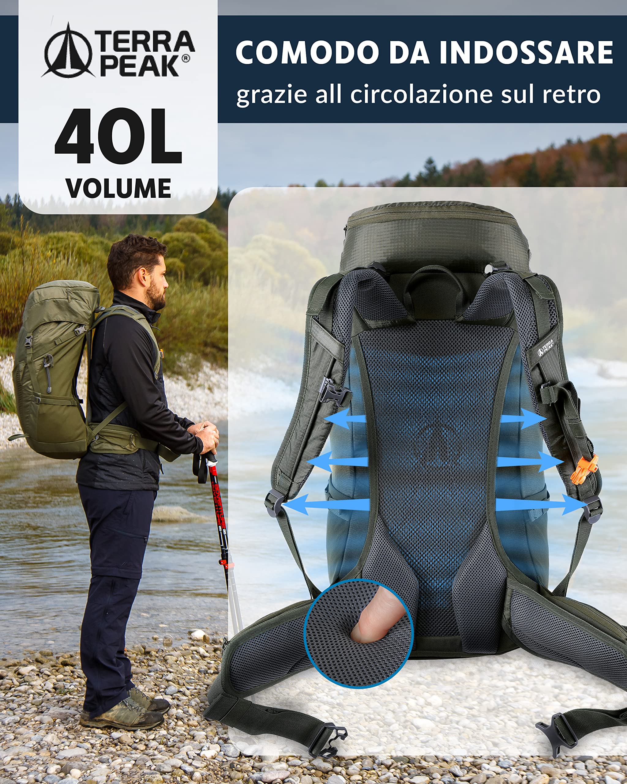 Terra Peak® Zaino da Trekking 20, 30, 40 litri per uomo e donna (AIRANT) - Zaino da escursionismo, viaggio e alpinismo ergonomico e impermeabile con ventilazione posteriore (traspirante)