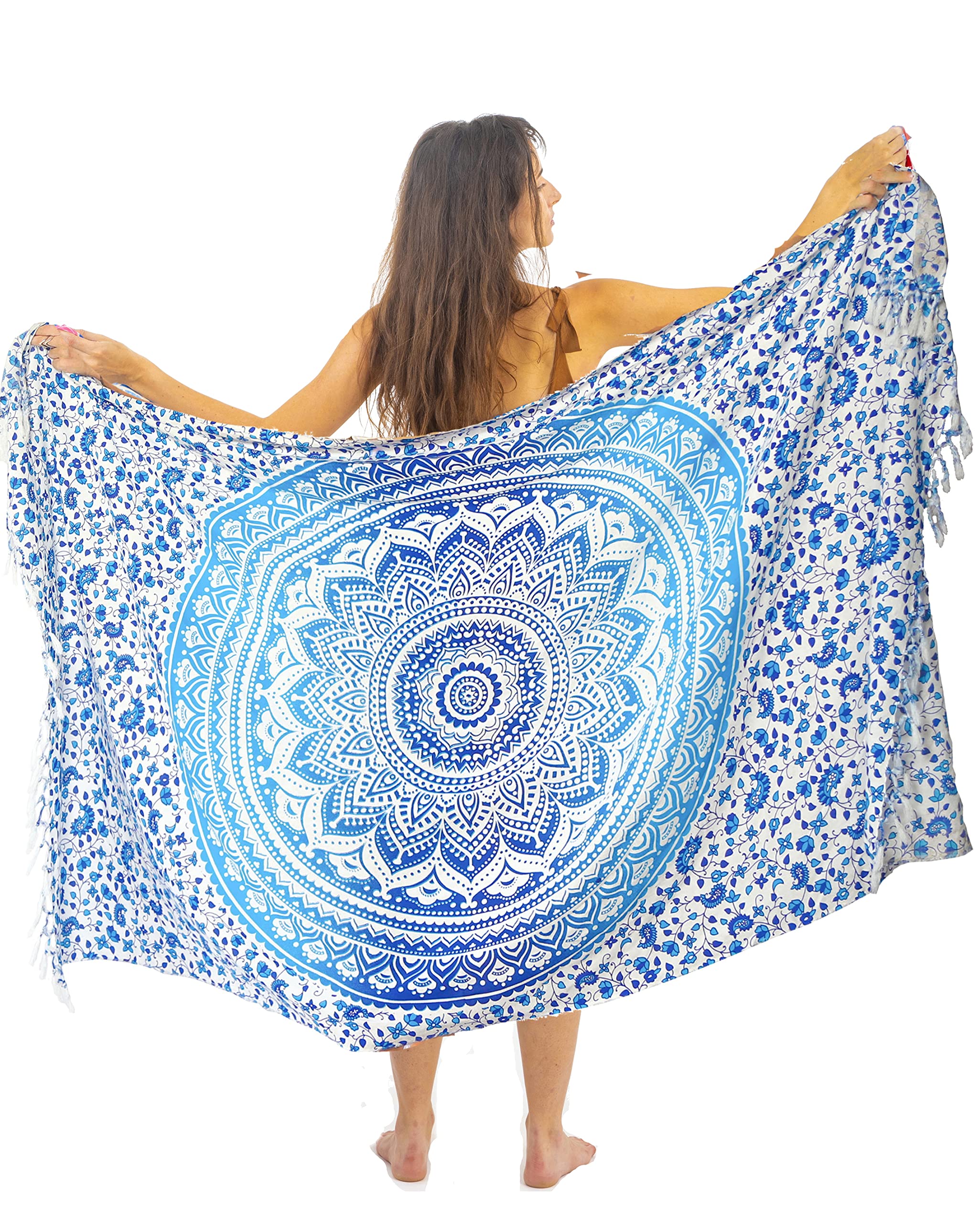 Boho Mandala Pareo Sarong Bikini Cover Up with Tassels – Super Soft Lightweight Cotton, Large Indian Peacock Print