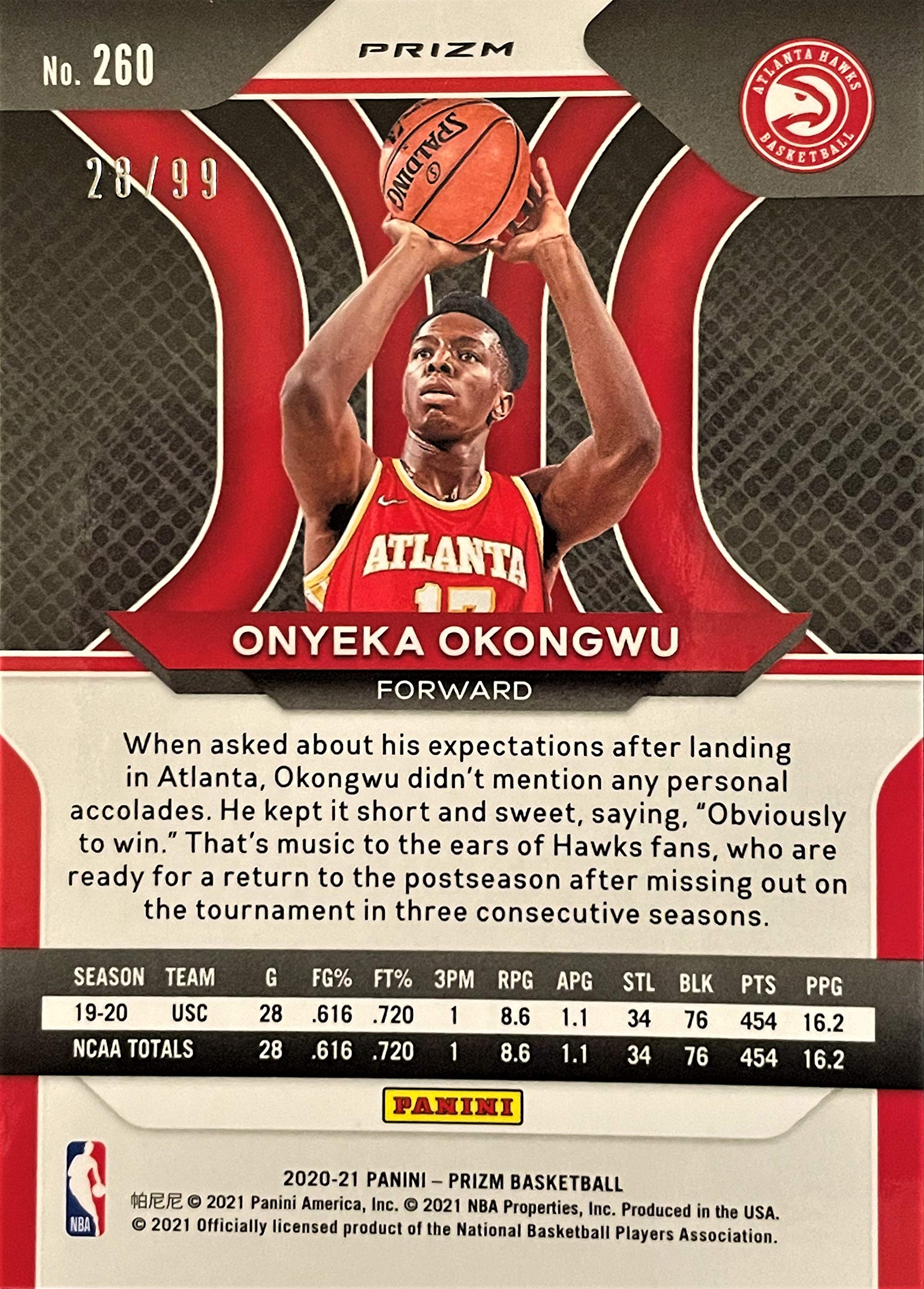 Amazon.com: 2020-21 Panini Prizm Basketball ONYEKA OKONGWU Rookie Card -  Rare PURPLE Prizm Rookie - Serial #28/99 (only 99 exist) - Atlanta Hawks :  Collectibles & Fine Art