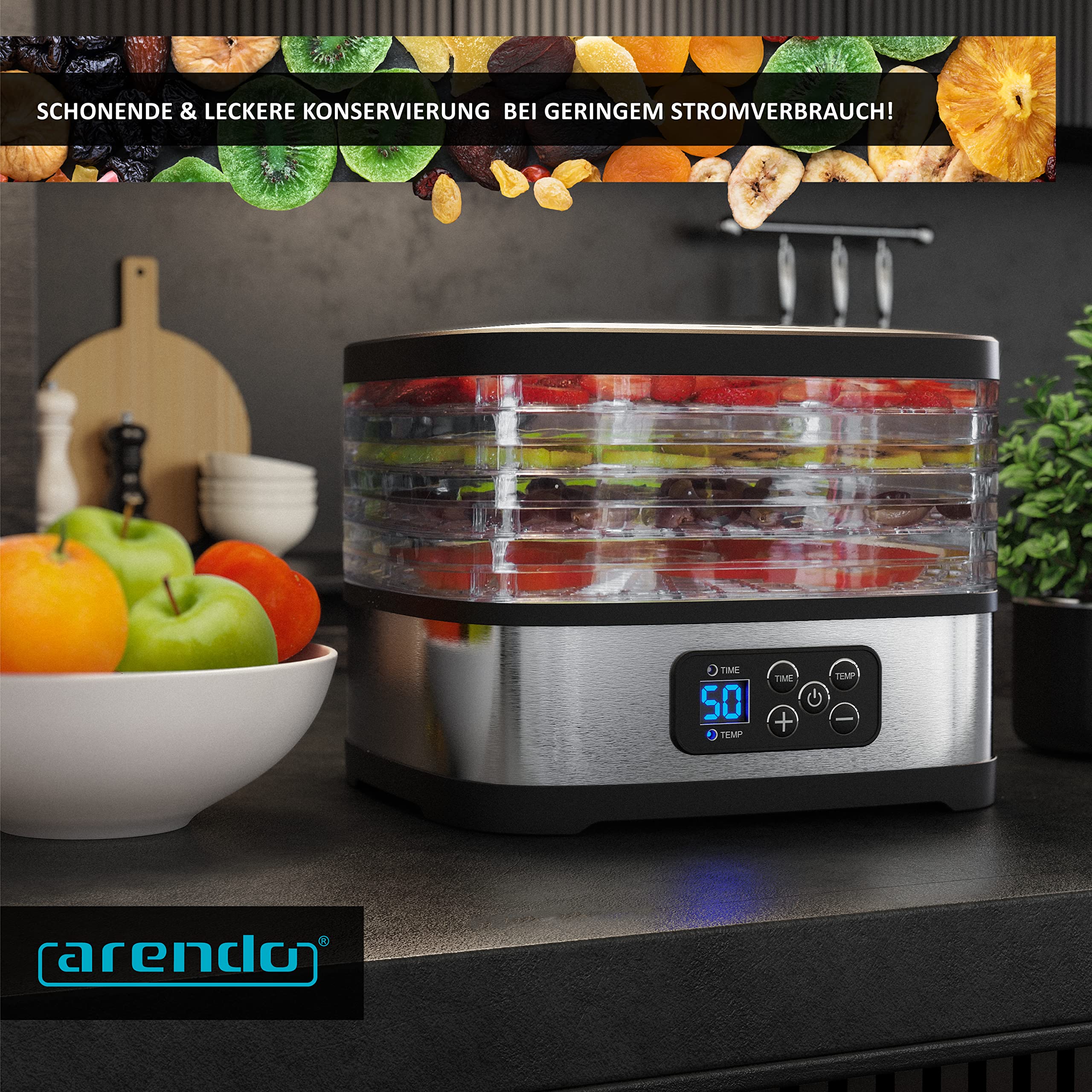 Arendo - Dörrautomat Edelstahl - Temperaturregler - 240 Watt – Dehydrator – 5 Etagen – Timer 1 bis 72 h – 5 Einlegefächer – je Fach zwei Höhen – Food Fleisch Kräuter Obst