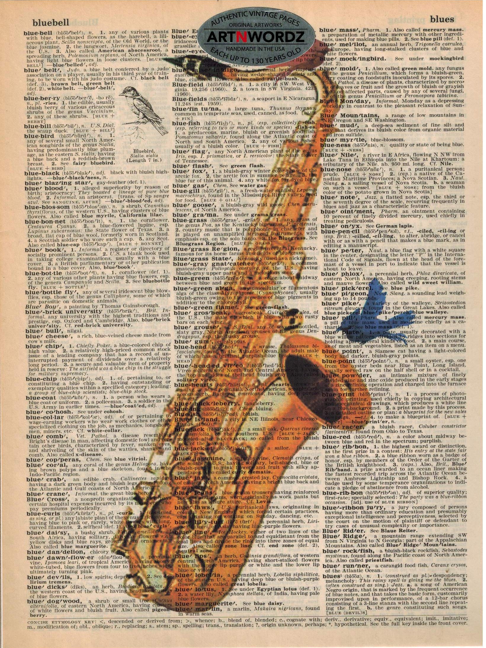 Artnwordz Saxophone Birds Dictionary Page Art