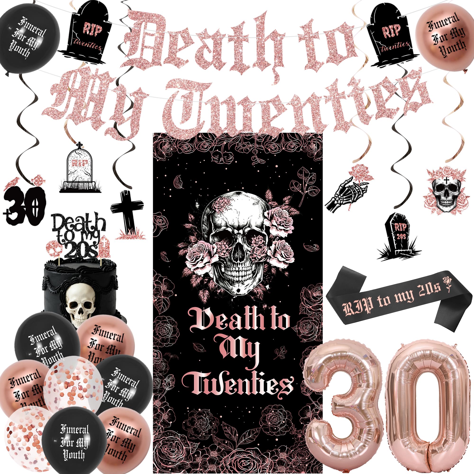 Vlipoeasn Gothic 30th Birthday Decorations Death to My 20s(Rose Gold)
