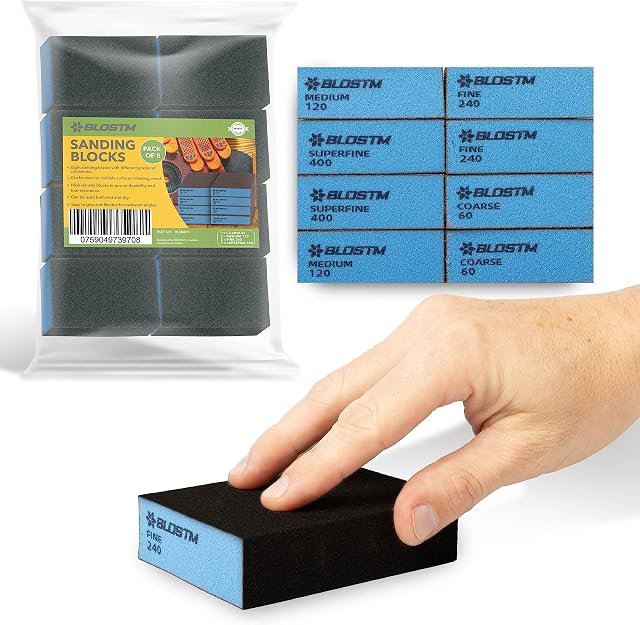 BLOSTM 8 Piece Sanding Sponge Blocks Set for Wet and Dry Use - 4 Grades of Coarseness, Coarse (60), Medium (120), Fine (240) & Superfine (400) - Ideal for Wood Metal Wall Polishing
