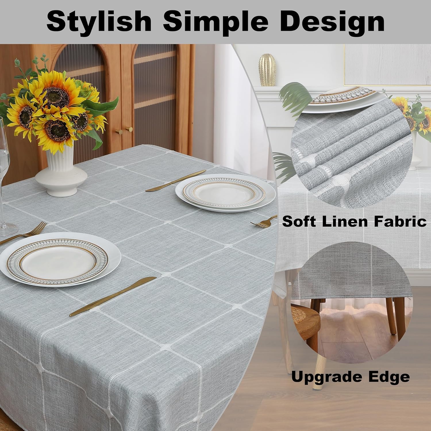 Gernaice Plaid 70x70 Inch Square Tablecloth, Farmhouse Embroidered Fabric Checkered Table Cloth, Dust Proof Wrinkle Free Washable Table Cover for Party Kitchen Dining Picnic, Grey