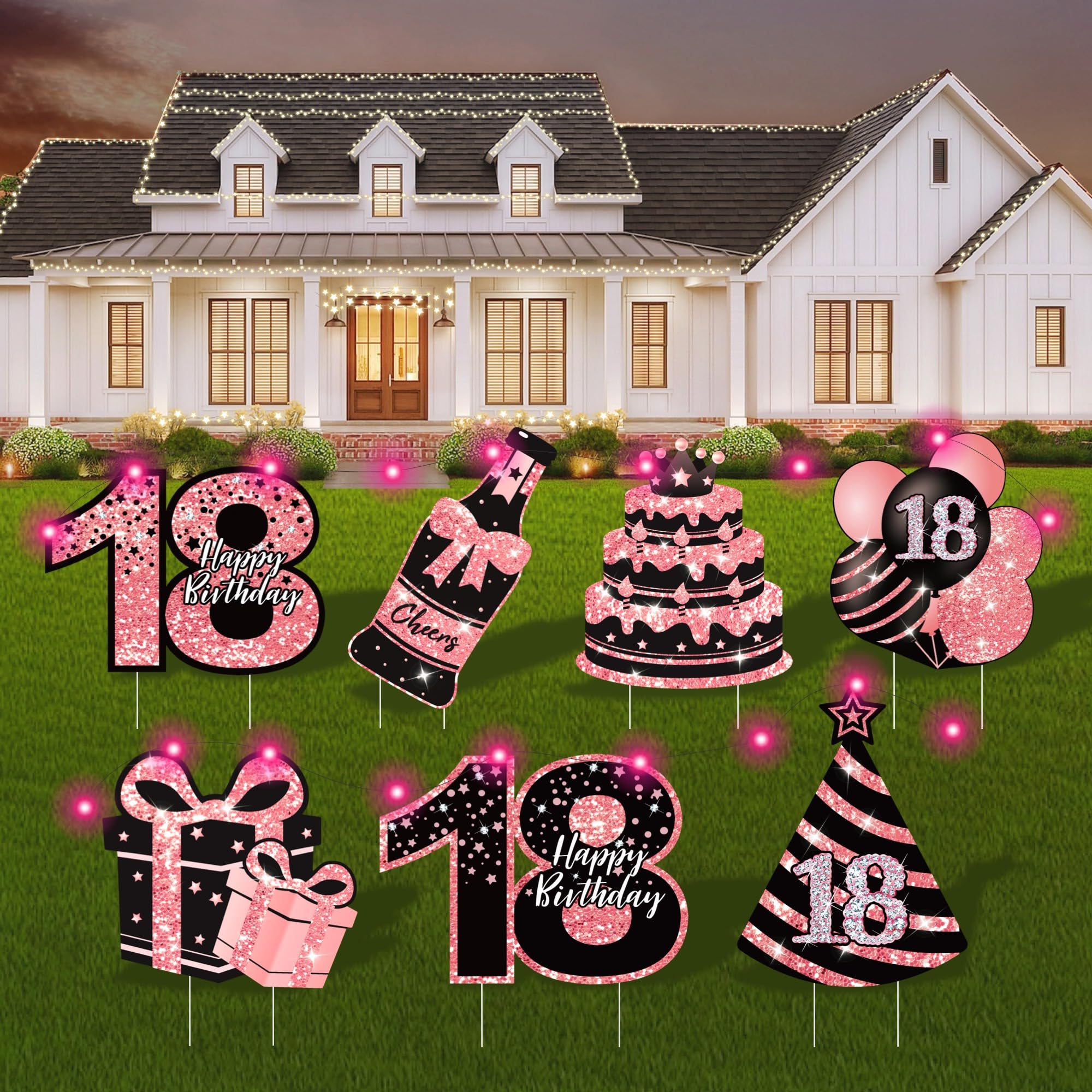 ComboJoy 18th Birthday Yard Signs with Stakes, 7 Pcs Rose Gold Birthday Decorations for Girls with LED Lights &amp; Double-Sided Tape, Ideal Outdoor/Indoor Party Favors, Photo Props &amp; Lawn Decorations