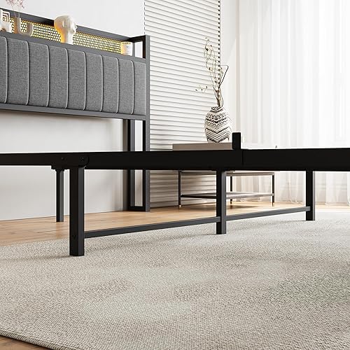 Miniatura 8 de BOFENG Base de cama Queen con cabecera de almacenamiento, estación de carga USB, luces LED, marco de cama de metal con plataforma, tamaño Queen con