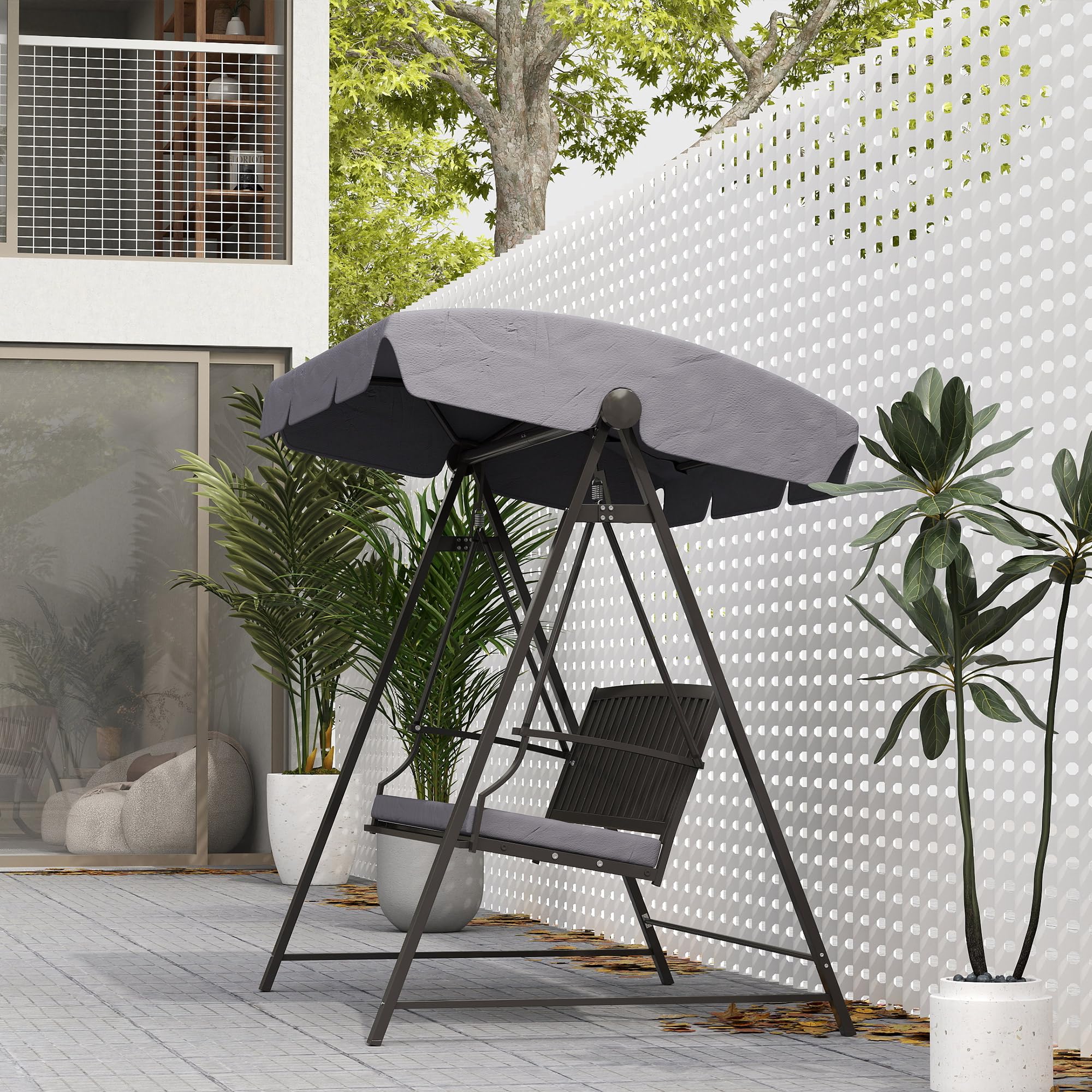 Outsunny Columpio de Jardín Exterior de 3 Plazas Balancín de Jardín Exterior con Toldo Ajustable Cojín y Estructura de Acero Carga 360 kg 205x133x181 cm Gris