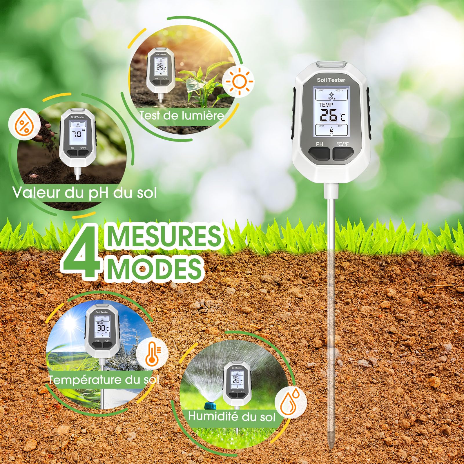 YAMRON testeur humidité Plante，4 en 1 numérique testeur ph Sol，Humidité/PH/Température/Ensoleillement，Écran LCD rétroéclairé，concerner Jardins, fermes, Plantes d'intérieur et d'extérieur.