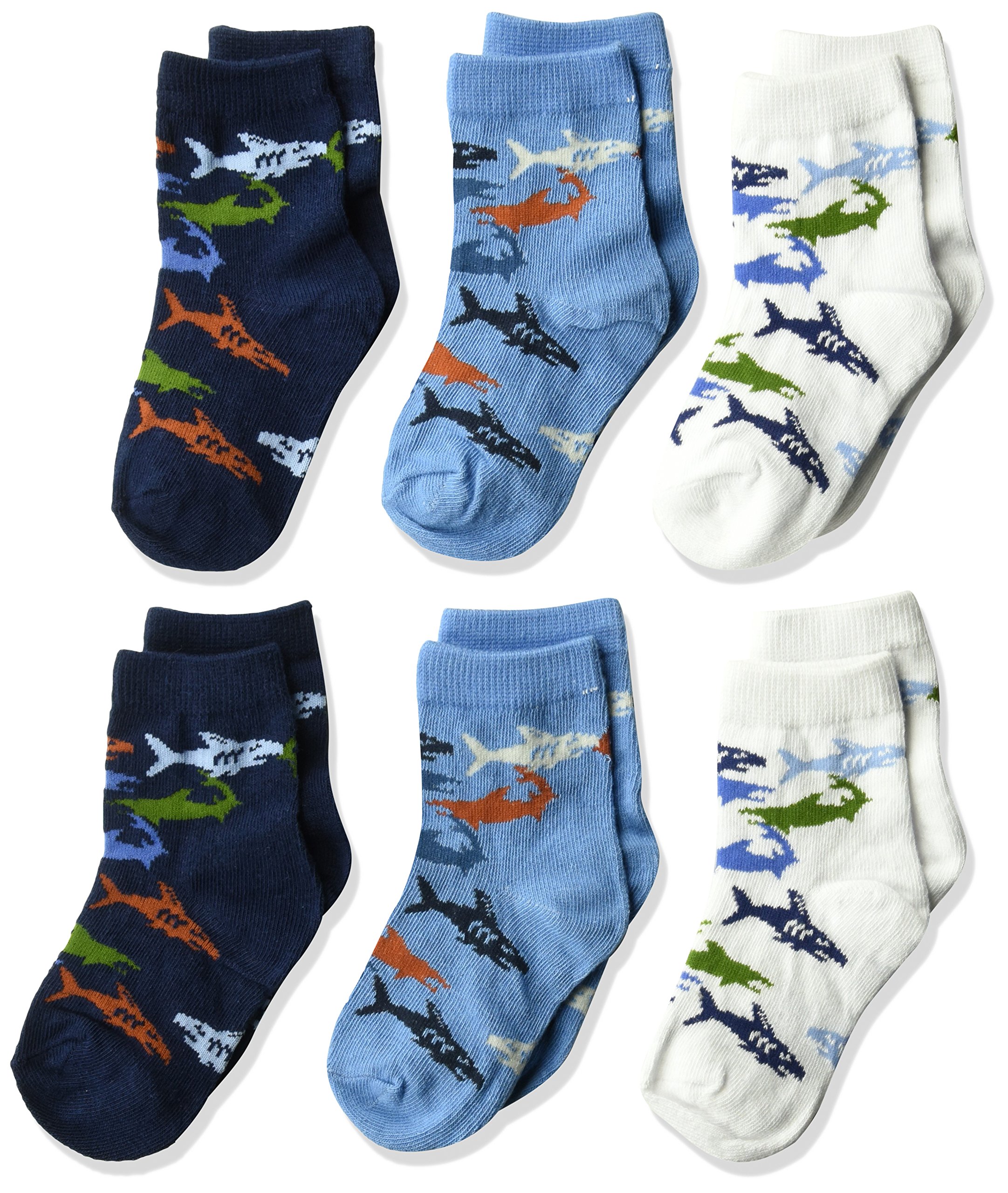 Country KidsBoys' Jaws Shark Ocean Aquarium Cotton Crew Socks, 6 Pack