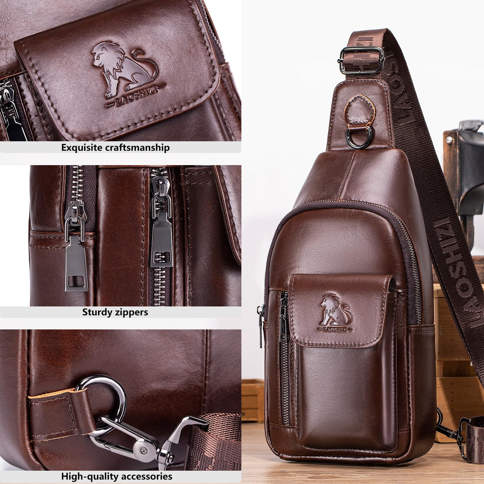 Sacoche Homme Cuir Véritable Bandoulière Réglable Sac de Poitrine Homme