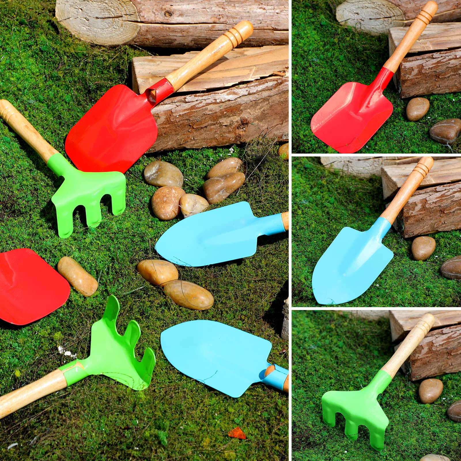 40 herramientas de jardinería para niños, 10 rastrillos de jardín, 10 palas de jardín, 10 paletas de jardín, 10 bolsas verdes, herramientas de jardín de metal con mango de madera, caja de 3