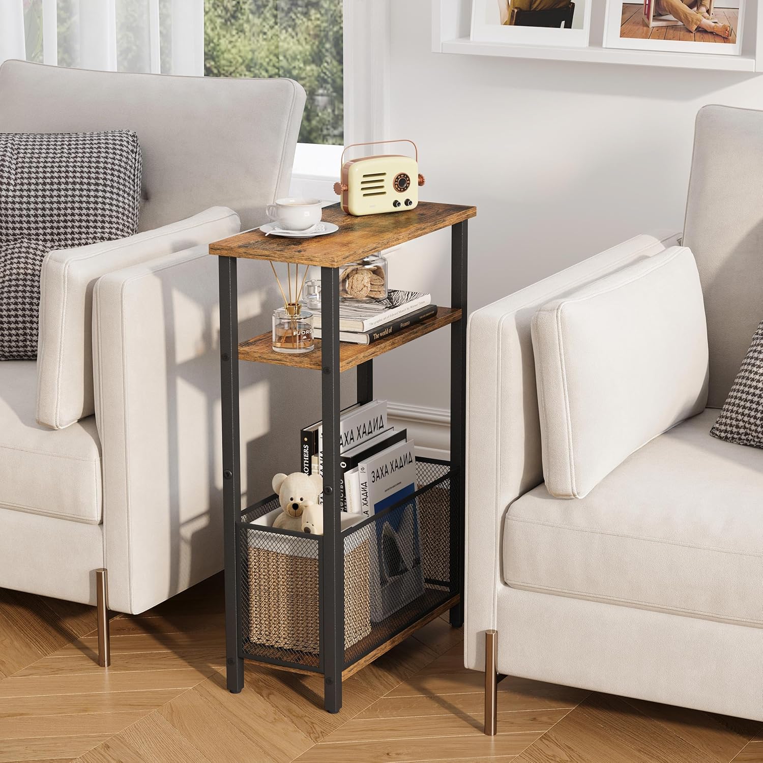 MMEOLUOOK Narrow Side Table with Storage Basket Skinny End Tables for Smalls Spaces 3 Tier Sofa Table Small Nightstand Slim Bedside Table for Living Room Bedroom Rustic Brown MLBZ22RB