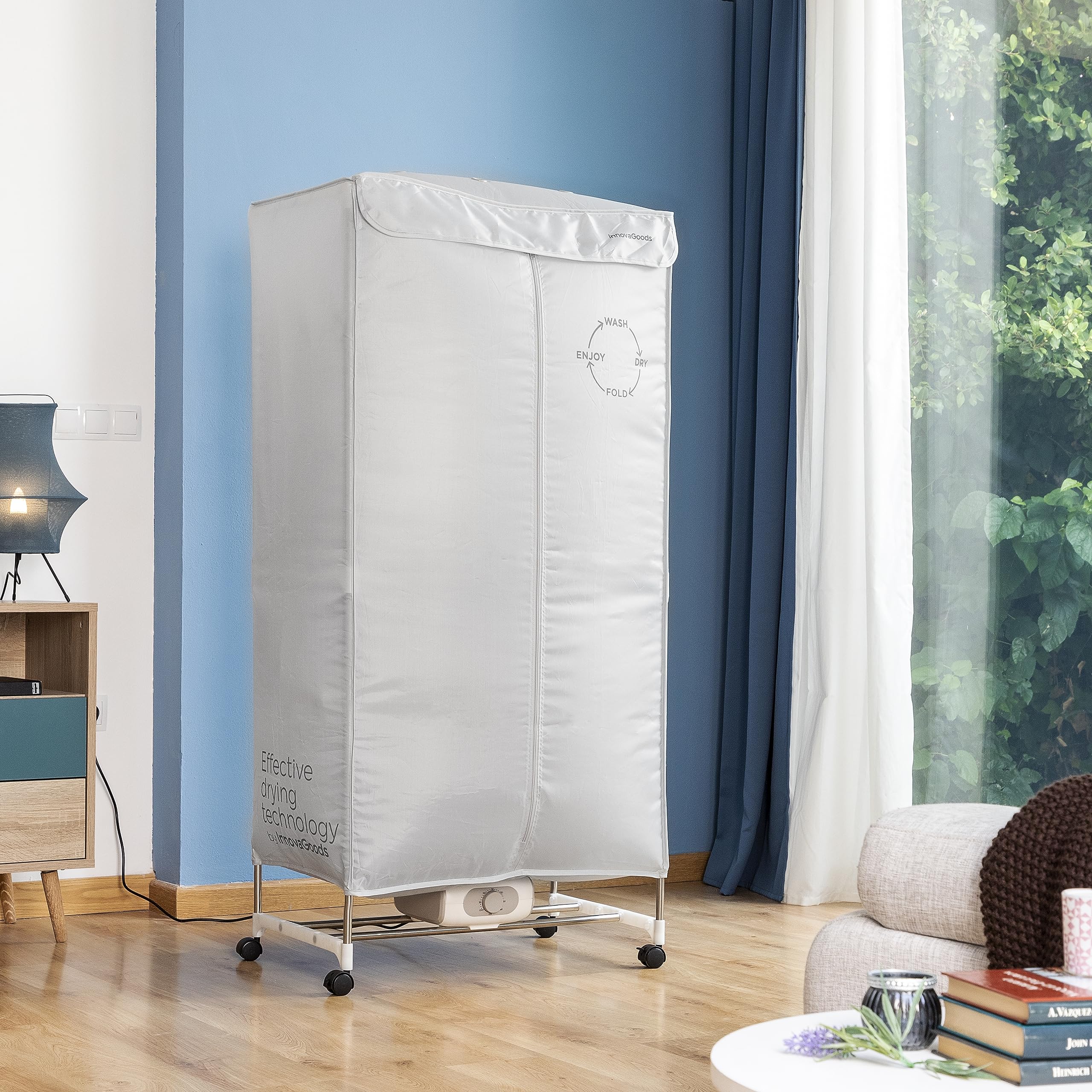 InnovaGoods® Secadora de ropa portátil, Capacidad 15Kg, Temporizador 30-180 min, Temperatura máx. 70ºC, esteriliza y elimina olores, tendedero Secadora 4 ruedas para facilitar su movilidad. Gris