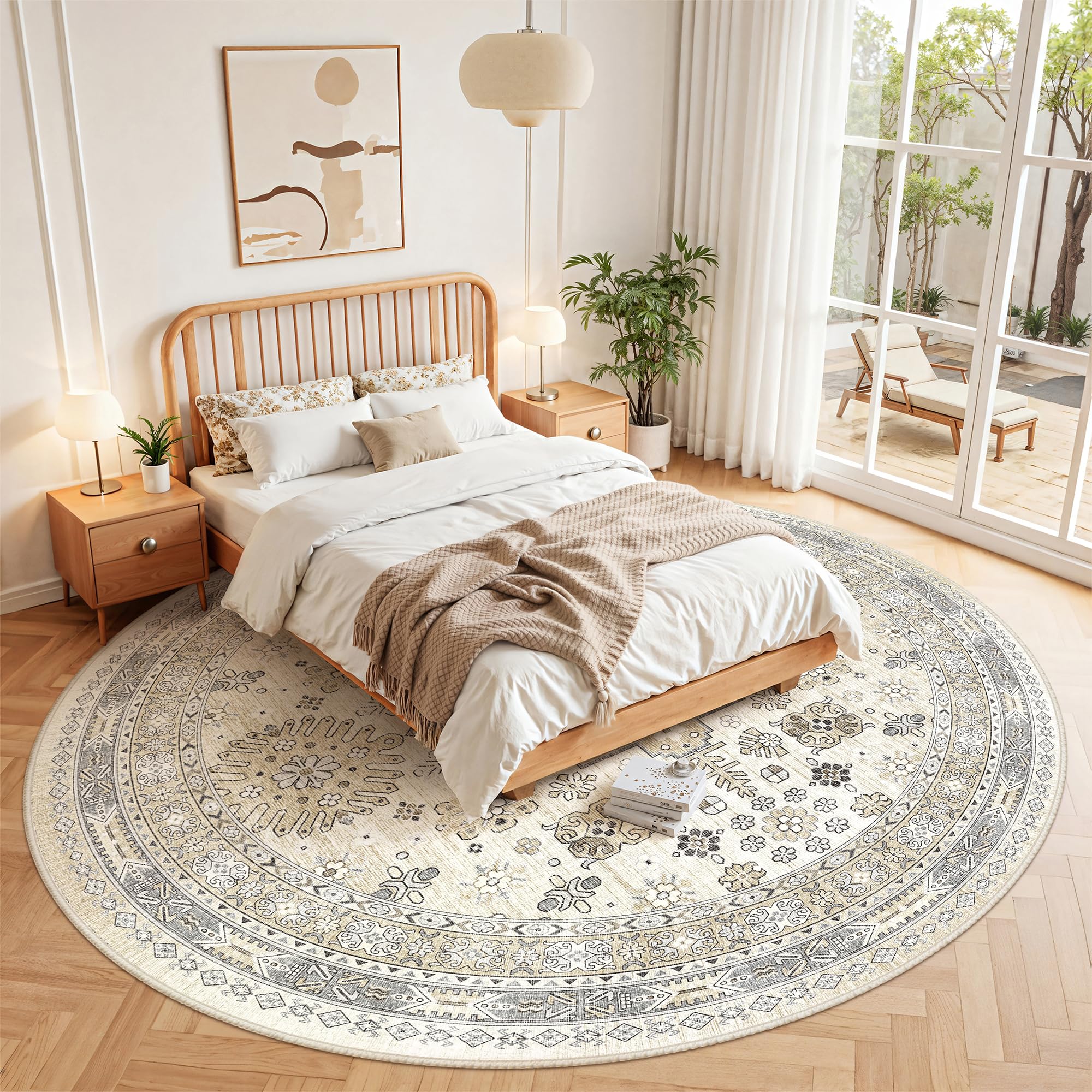 zesthome Runder Teppich, rutschfest, waschbar, ultradünne große Vorleger, weicher Kurzflorteppich für Wohnzimmer, Schlafzimmer, Küche, Vintage, schmutzabweisend, 243,8 × 243,8 cm, Beige