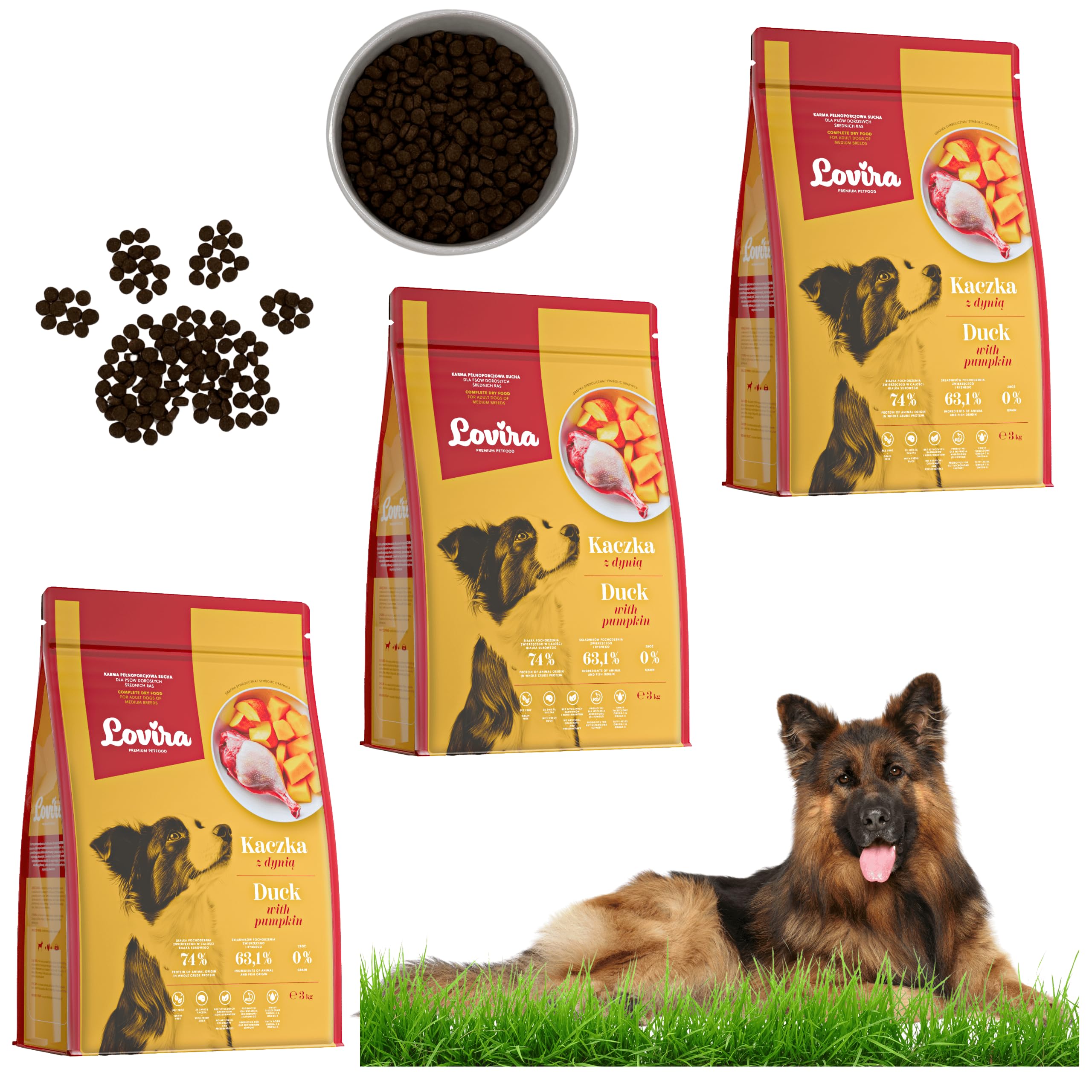 Lovira - Hundefutter Trocken - Trockenfutter für Hunde - Getreidefrei, mit hohem Fleischanteil 50% Ente - mit Kürbis, Kräuter & Gemüse - Hundetrockenfutter Sensitiv - Erwachsene Hunde - 3 x 3kg