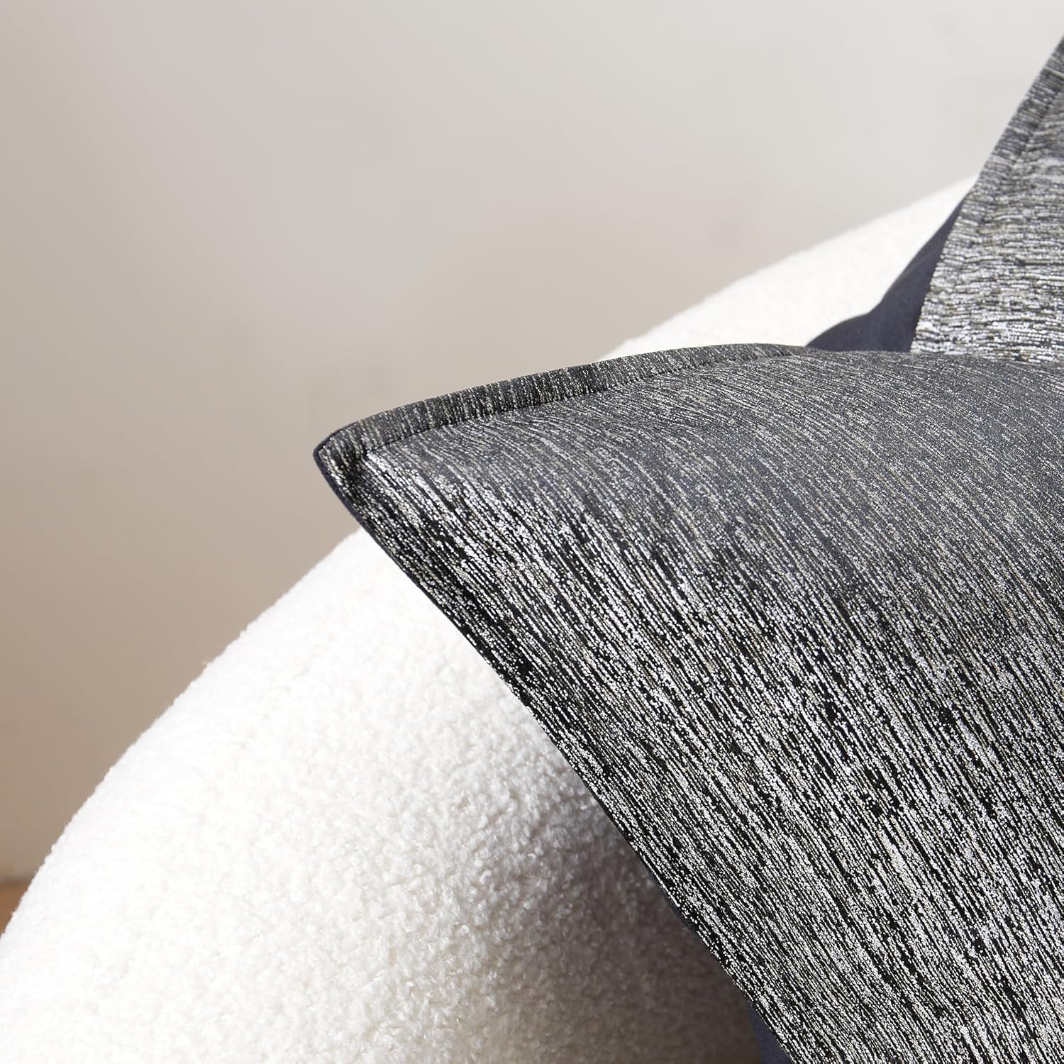 THE-TINOART Modern Textured Throw Pillow Cover 20x20 - Black/Silver Jacquard Stripe & Velvet Reverse, Couch Accent Pillow Cover