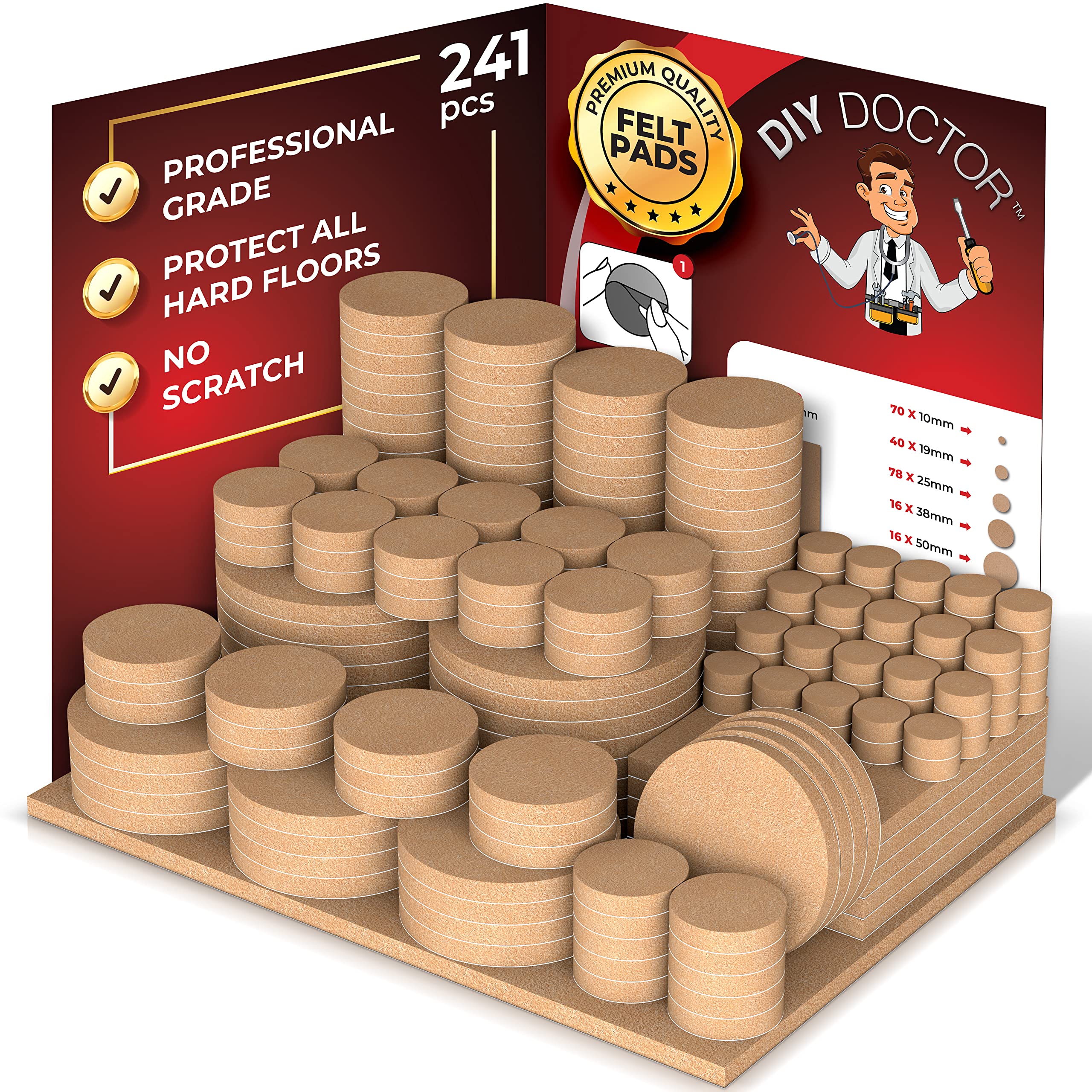 DIY DoctorFelt Furniture Pads Floor Protectors - Huge 241 pcs Felt Pads Pack - Sofa Feet Protectors for Wooden Floors - Felt Pads for Furniture Feet - Chair Leg Floor Protectors For Furniture Legs