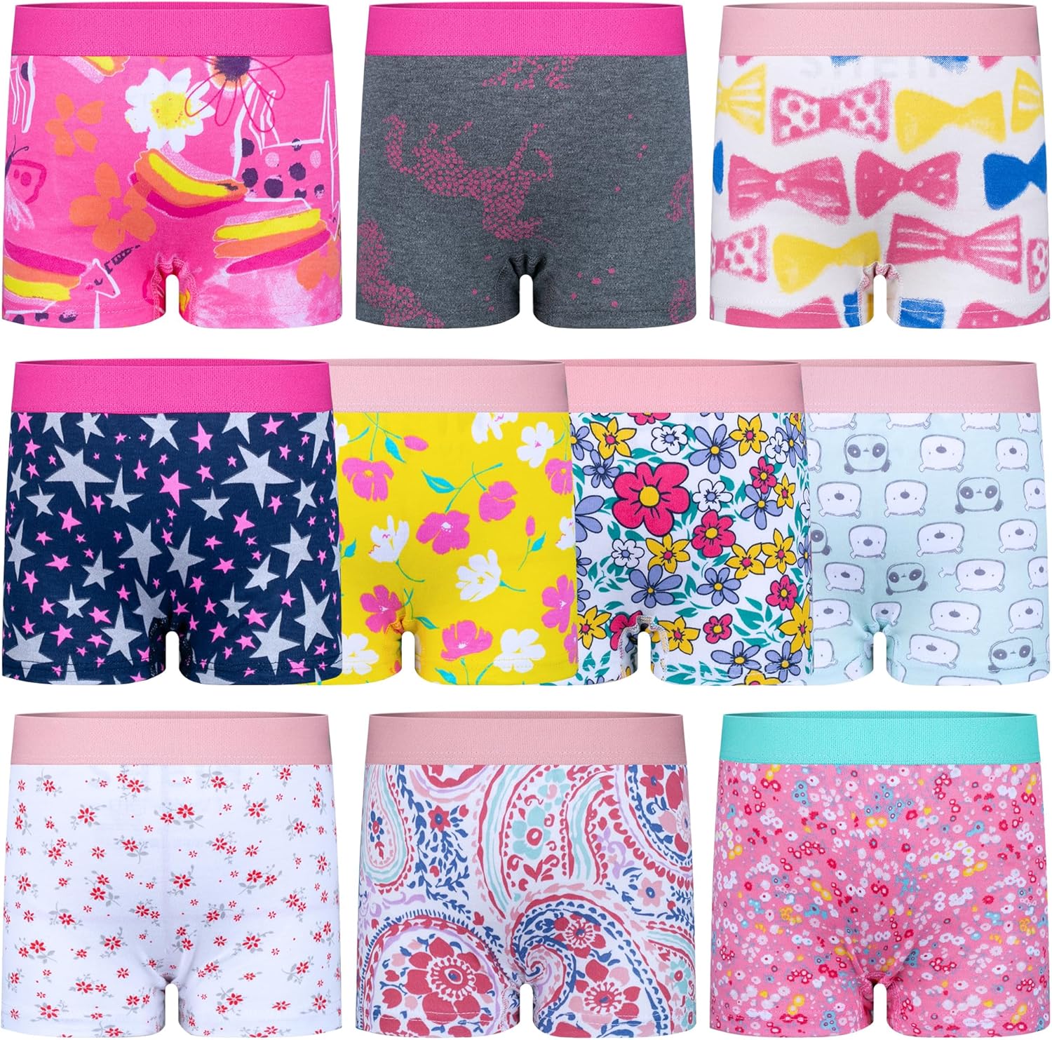BIG ELEPHANT Girls Cotton Boxer Briefs 10-Pack, Kids Boyshort Panties Underwear, 100% Cotton with Wide Waistband, Sizes 4T–9Y