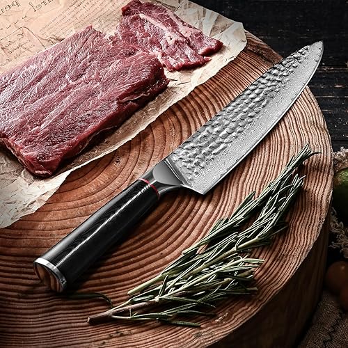 Miniatura 7 de oFuun Cuchillo de chef japonés, cuchillo de cocina con patrón de damasco de 8 pulgadas, cuchillo profesional de cocina para carne forjada a mano con