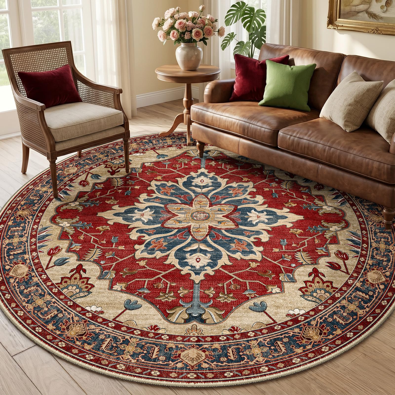Photo 1 of RELEANY Area Rugs Round 6ft Washable Non-Slip, Floral Vintage Distress Medallion Carpet for Living Room Bedroom Dining Room, Red Blue