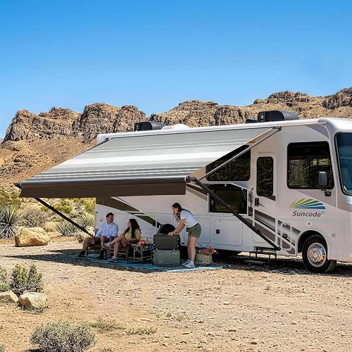 Suncode RV Awning for RV,Camper&Travel Trailers–Manual RV Awning Complete Kit,Manual Camper Awning,RV Roll Out Awning– 20x8Ft – Black Frame &Black Strip