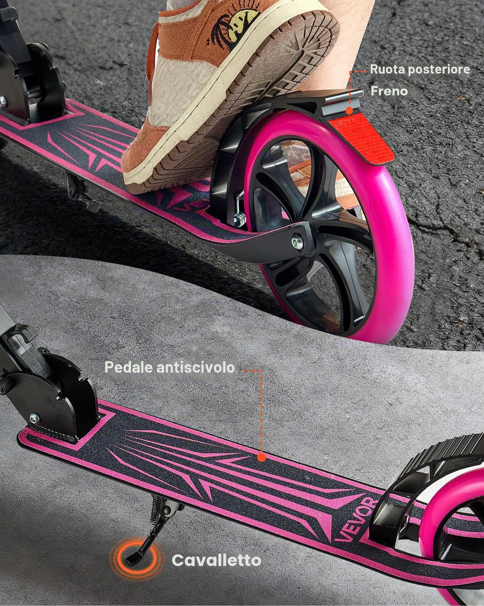 VEVOR Monopattini a Spinta, Monopattino con Freno a Pedale a 2 Ruote con Manubrio Regolabile Pedana Antiscivolo, Pieghevole e Leggero Fino a ca. 99,7 kg per Adolescenti e Adulti, Rosa
