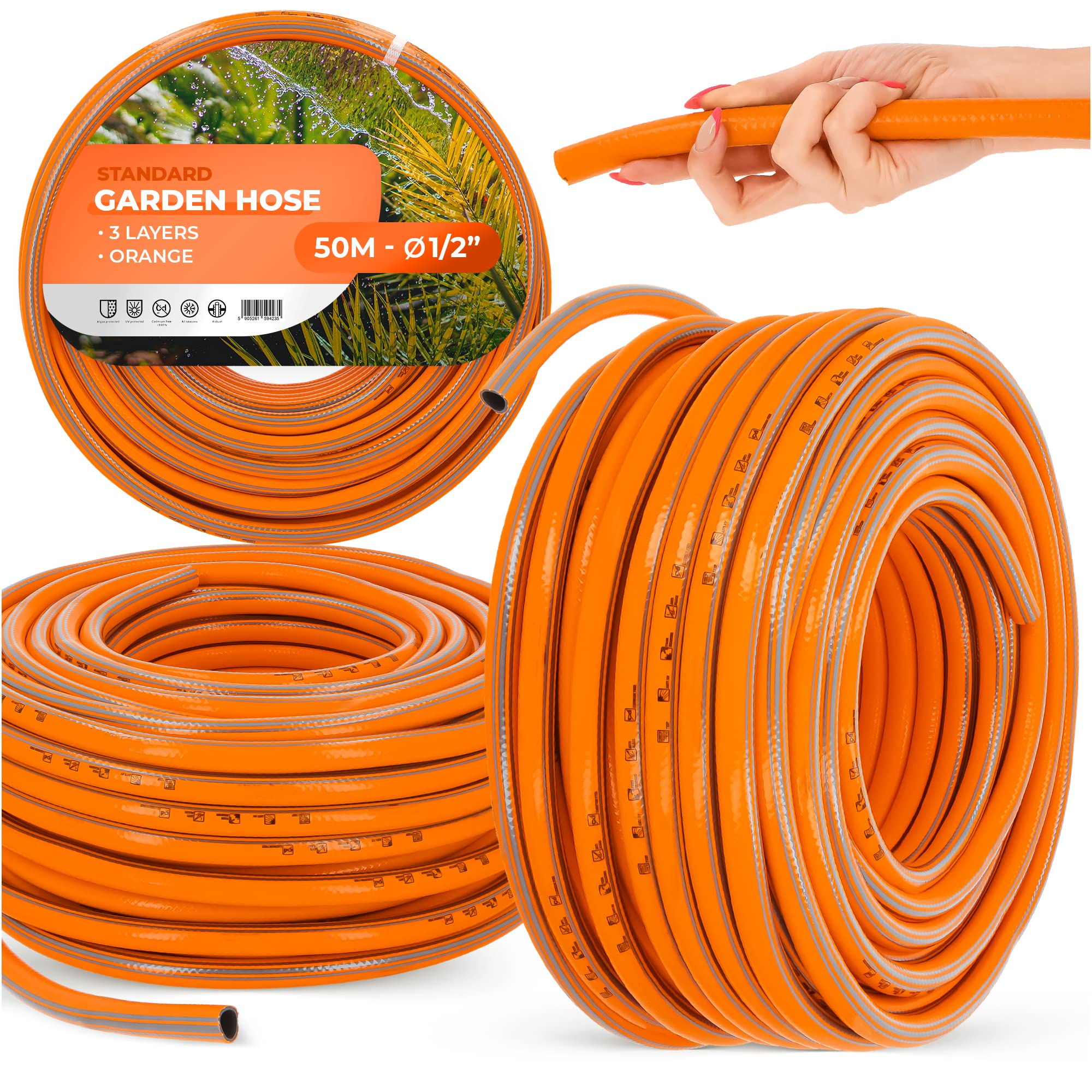 Gartenschlauch 1/2" 50 m Orange Verstärkt 3-lagig UV-Beständig Formstabiler Flexibler Gartenschlauch Bewässerung Gartenarbeit Autowäsch Panzerschlauch