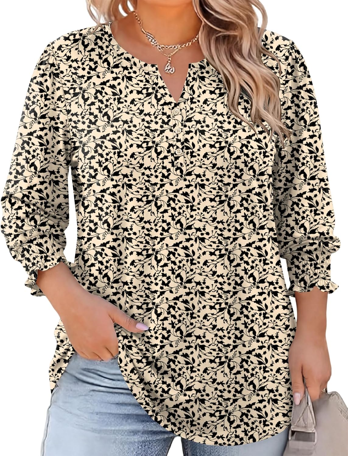 LOMON Womens Plus Size Tops 3/4 Length Sleeve Womens Tops Casual V Neck Loose Fit Blouses 1X-5X