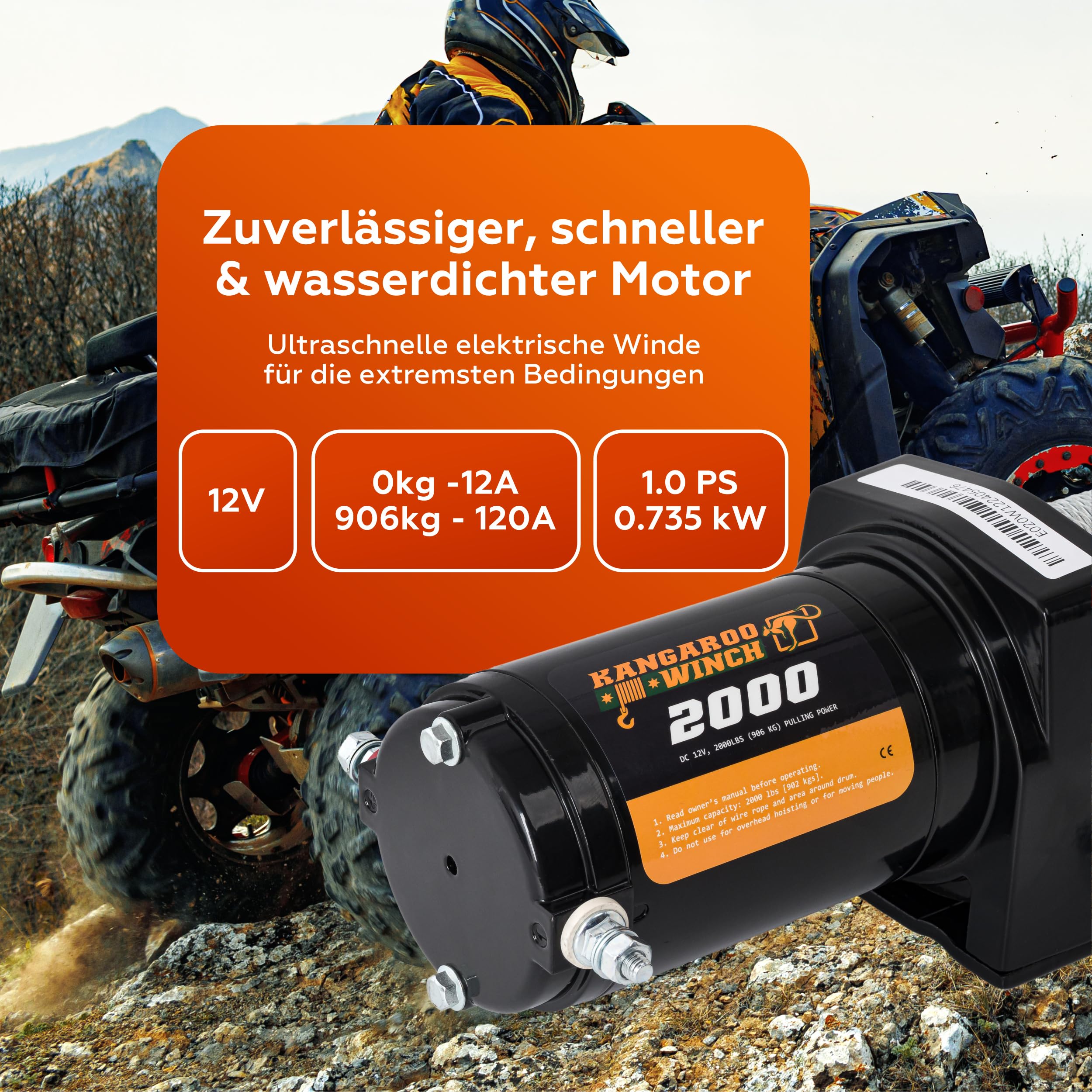 Elektrische Seilwinde 12V - 2000 LBS / 906 kg Zugkraft - Ideal für ATV, Quad und Offroad Einsätze - Robuste Konstruktion - Inklusive Stahlseil und Praktischer Kabelfernbedienung (K2000)