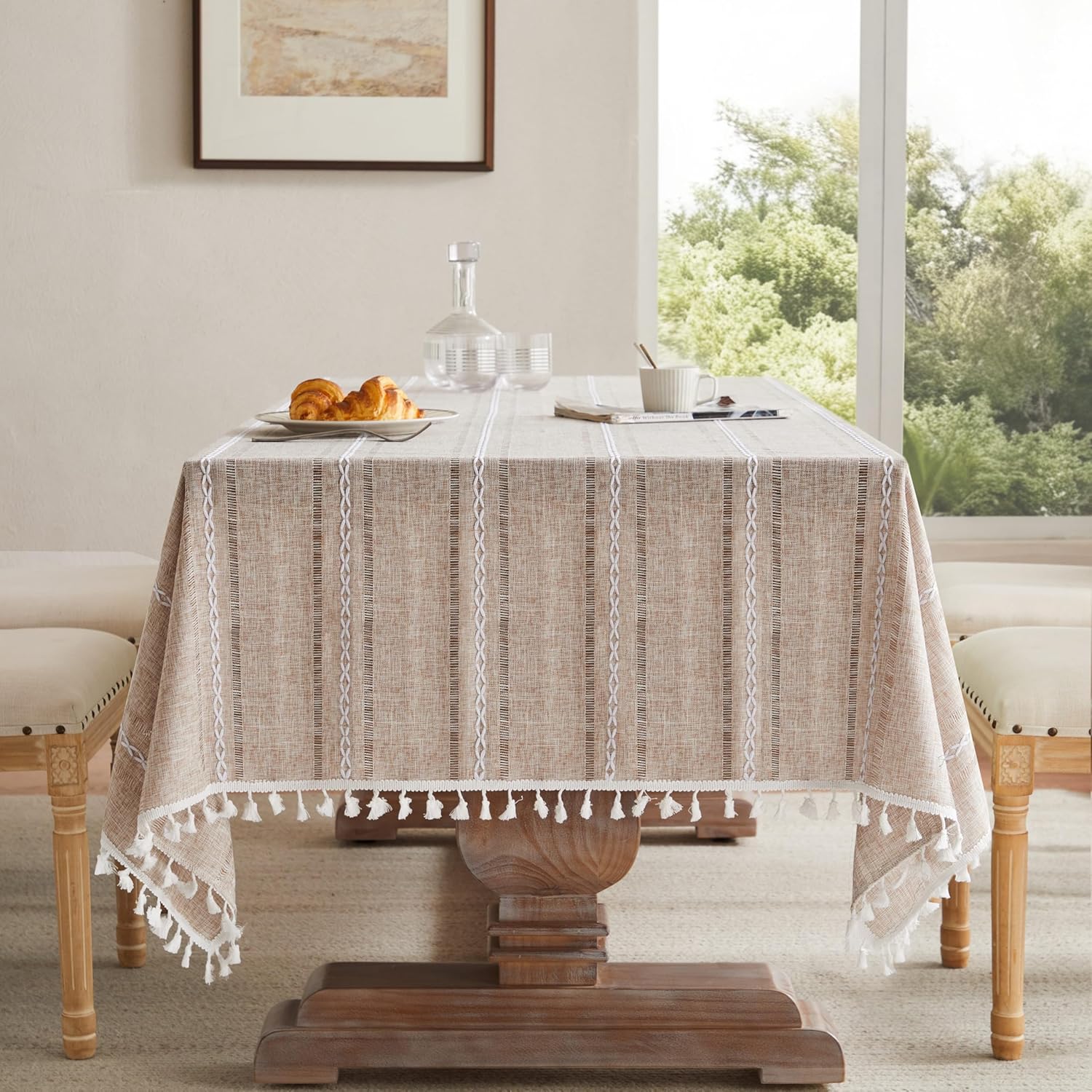 ZeeMart Boho Striped Embroidery Tablecloth 54x70 Inch Natural - Heavy Weight Wrinkle-Resistant Farmhouse Linen Table Cover