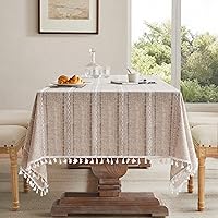 ZeeMart Boho Striped Embroidery Tablecloth 54x70 Inch Natural - Heavy Weight Wrinkle-Resistant Farmhouse Linen Table Cover