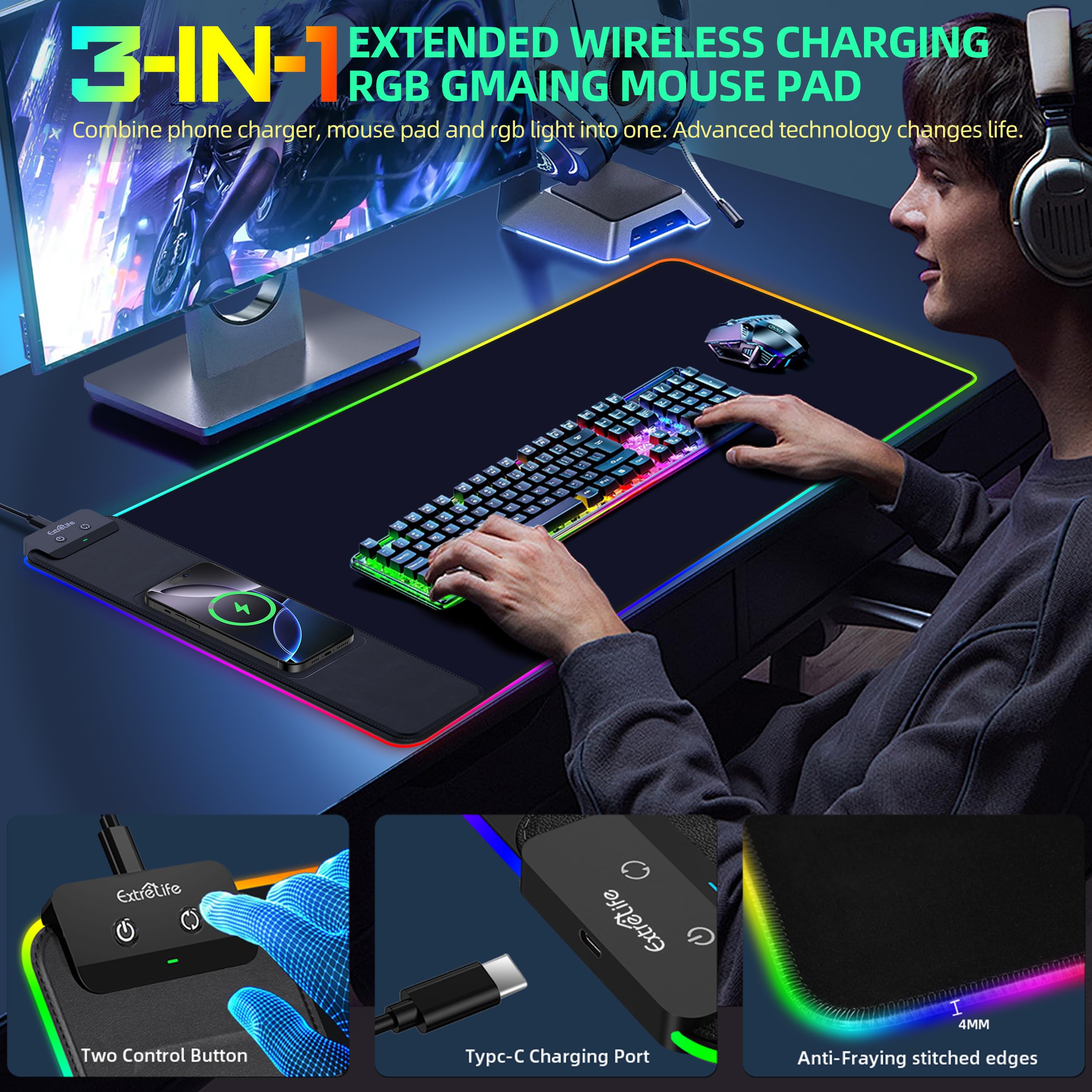 Alfombrilla de mouse con carga inalámbrica, alfombrilla de mouse RGB para juegos, alfombrilla de escritorio grande con superficie ultra lisa, alfombrilla antideslizante para teclado de computadora
