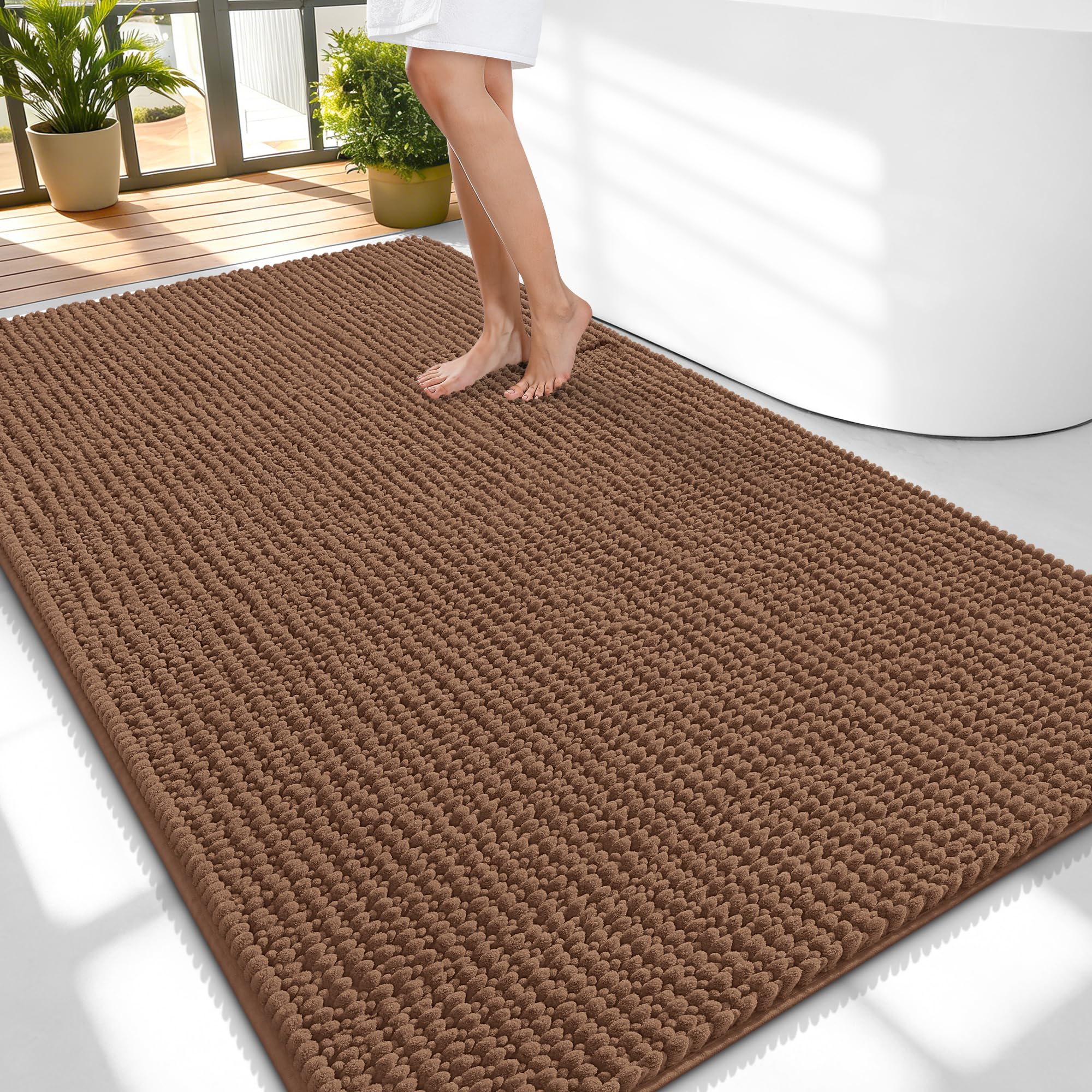 OLANLY Thick Chenille Large Bathroom Rugs 59x35, Absorbent Bath Mat, Mocha