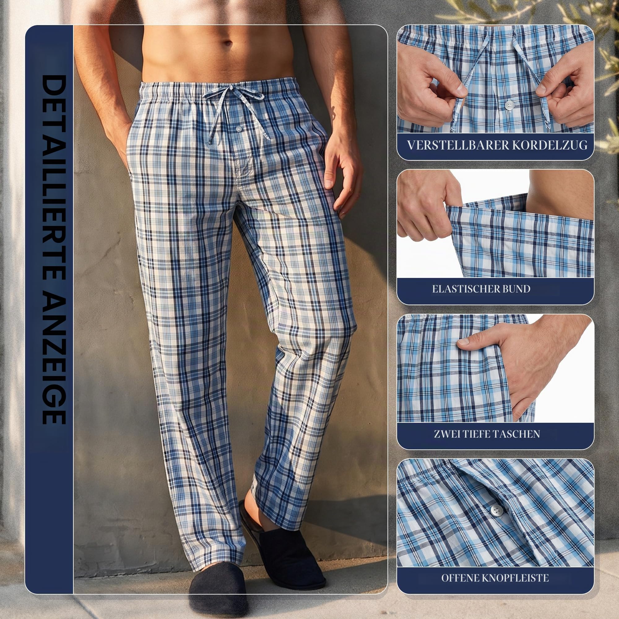 Vulcanodon Schlafanzughose Herren lang 100% Baumwolle karierte Pyjamahose lange Schlafhose Freizeithose Schlafanzug Hose
