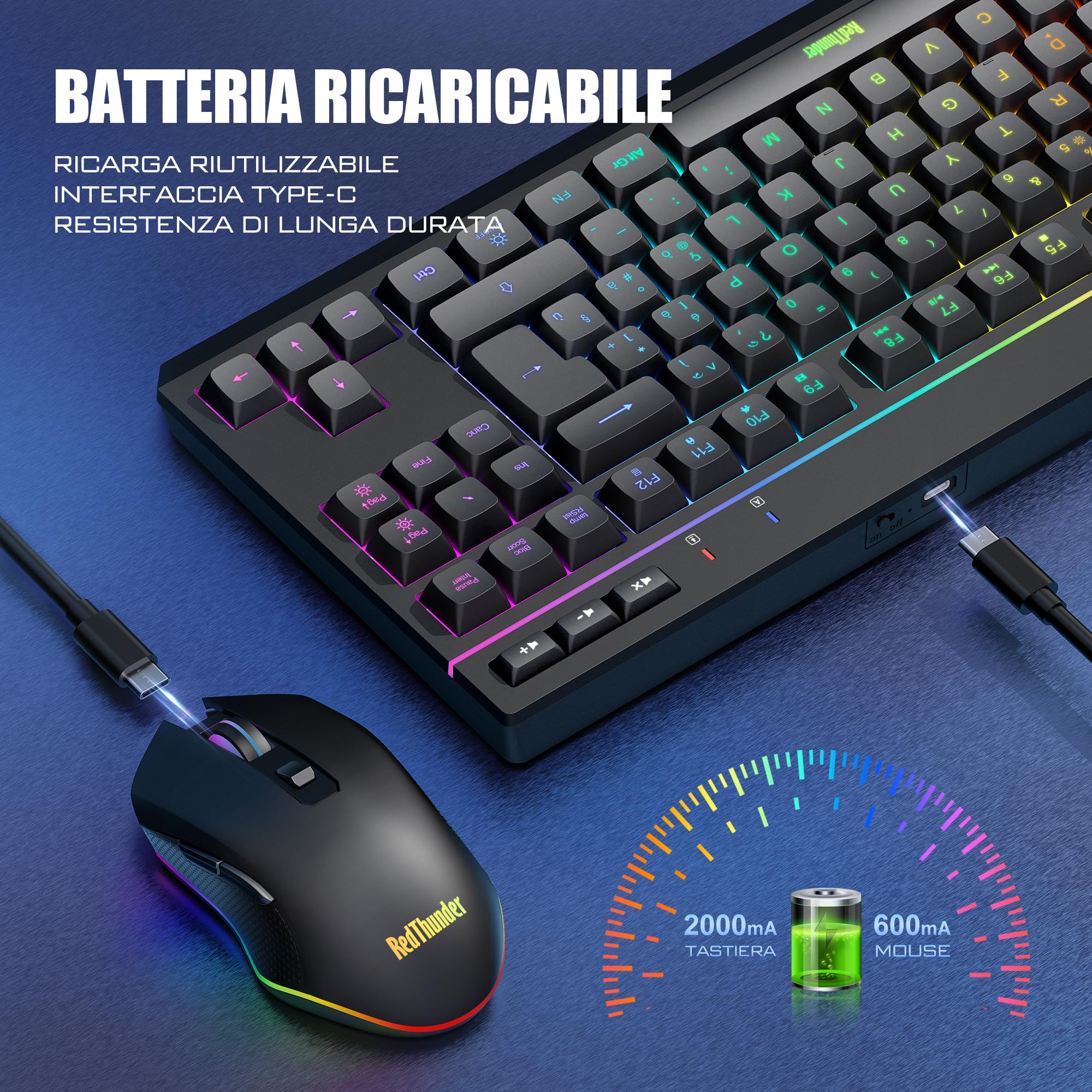 RedThunder K20 TKL Tastiera Wireless Gaming,Batteria Ricaricabile con Retroilluminazione RGB Regolabile,QWERTY Layout IT compatto con 6 tasti multimediali dedicati,USB Tastiera per PC/Laptop(Nero)