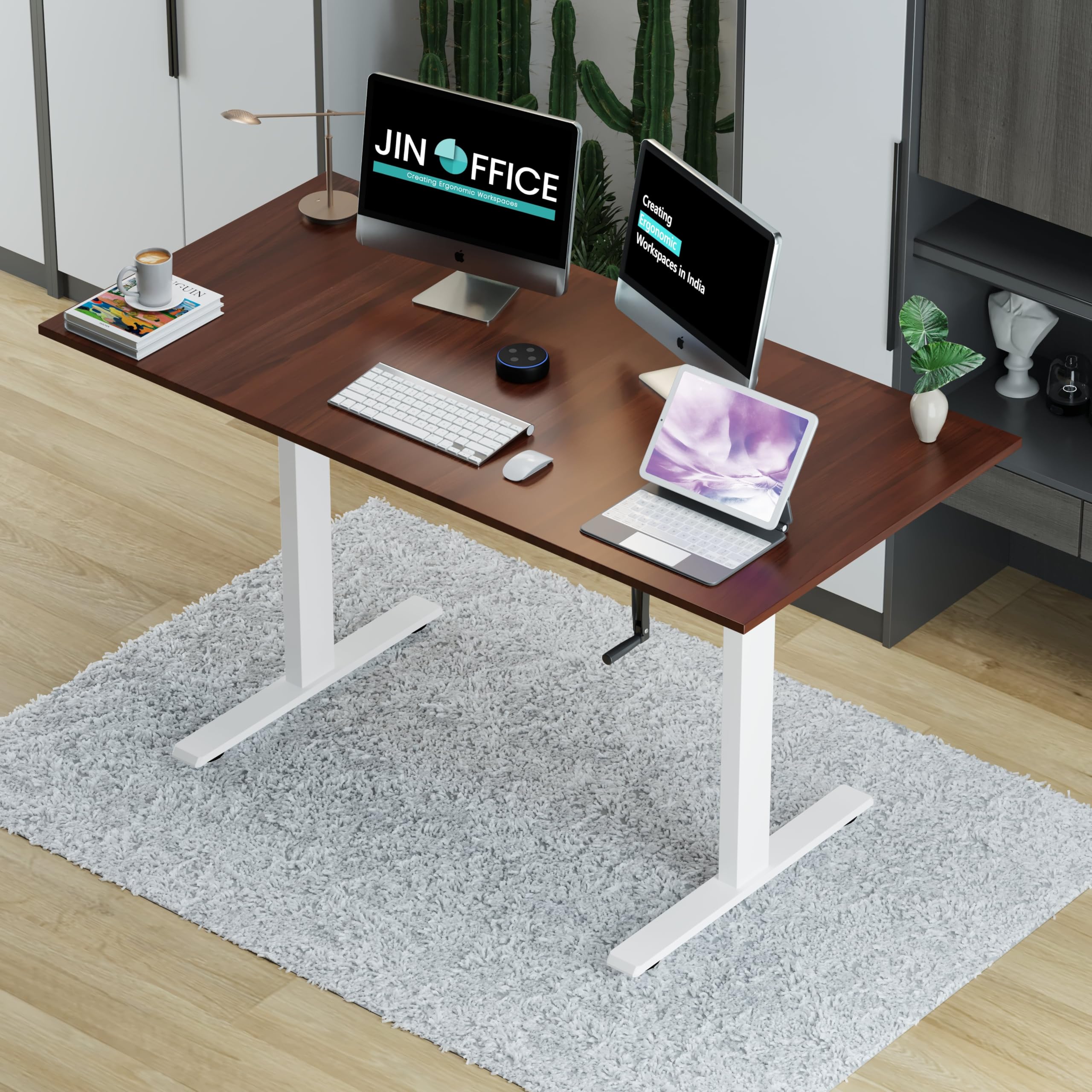 Jin Office Vertex Manual Height Adjustable Standing Desk| Hand Crank Height Adjustable Table| Sit Stand Desk| Ergonomic Table, 3 Year Warranty,80 Kg Wt. Cap| White & Brown| 1200*750mm/ 25MM Thick Top