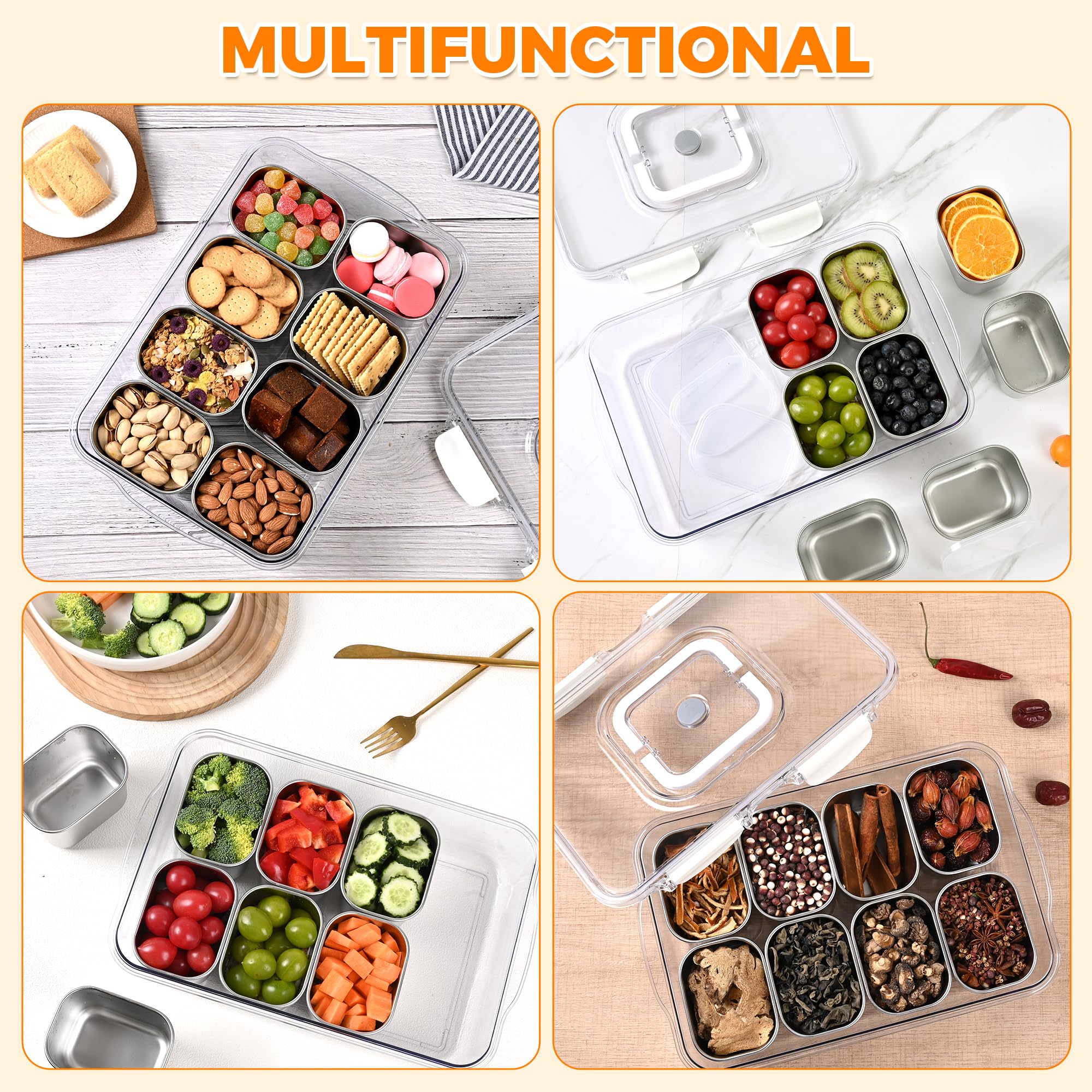 Boîte à Goûter à 8 Compartiments avec Poignées et Couvercles Indépendants | Aurinovellia Boîte à Goûter Réutilisables, Lavables au Lave-Vaisselle, Adaptées aux Pique-Niques, Fêtes, Collations, Fruit