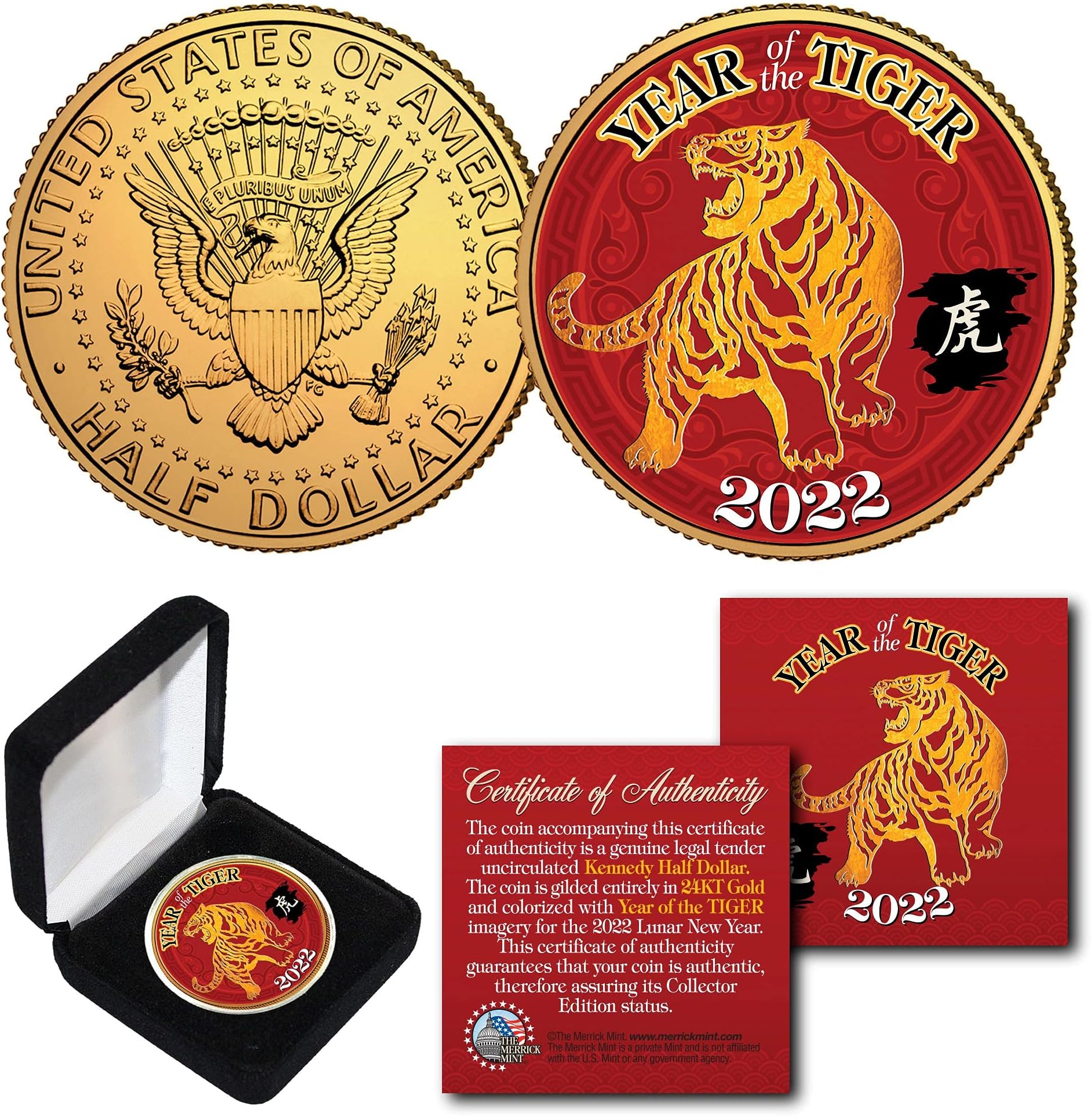 2022 Chinese New Year of The Tiger 24K Gold Plated JFK Half Dollar Coin with Box