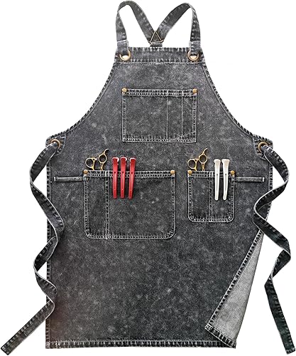 Delantal de mezclilla con bolsillos para mujeres, delantal de jean para estilista, delantales de talla grande, delantales de trabajo de mezclilla