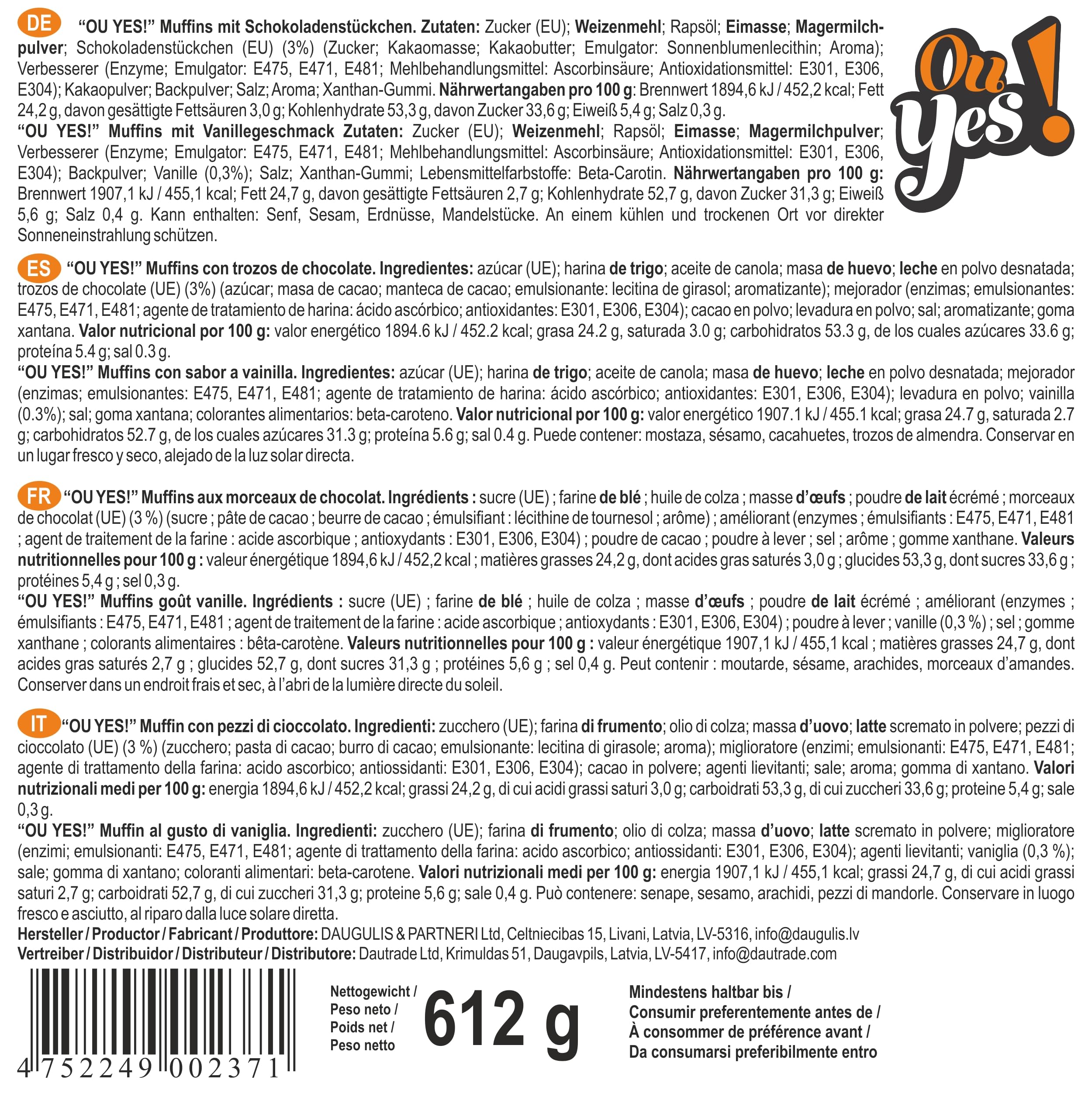 Ou Yes! 12 uds. x 51 g - magdalenas mixtas de 2 variedades - vainilla y cacao - envueltas en envoltorio individual y en paquetes listos para llevar (peso neto 612 g)
