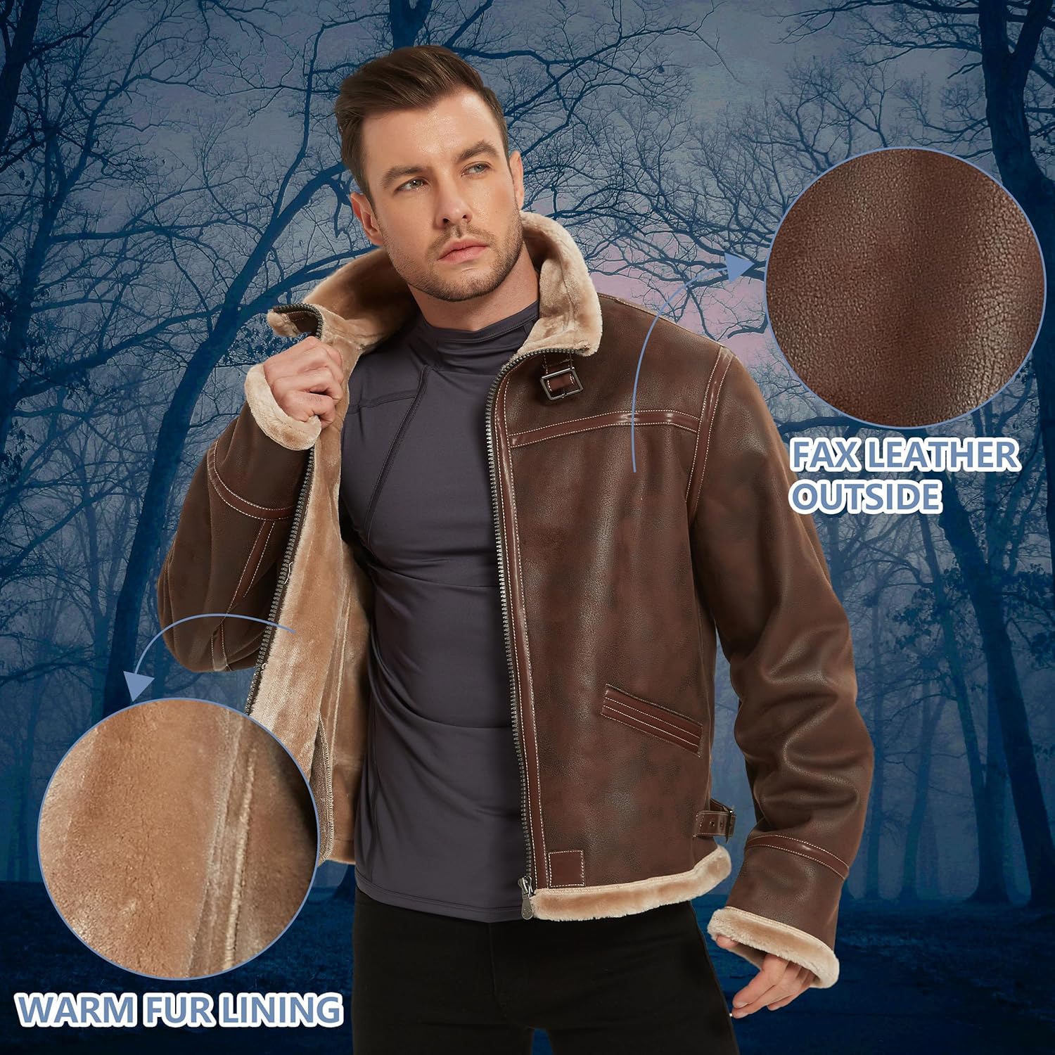 Mens Leather Jacket Motorcycle Bomber Shearling Fur Cosplay Winter Coat Gift XS-3XL