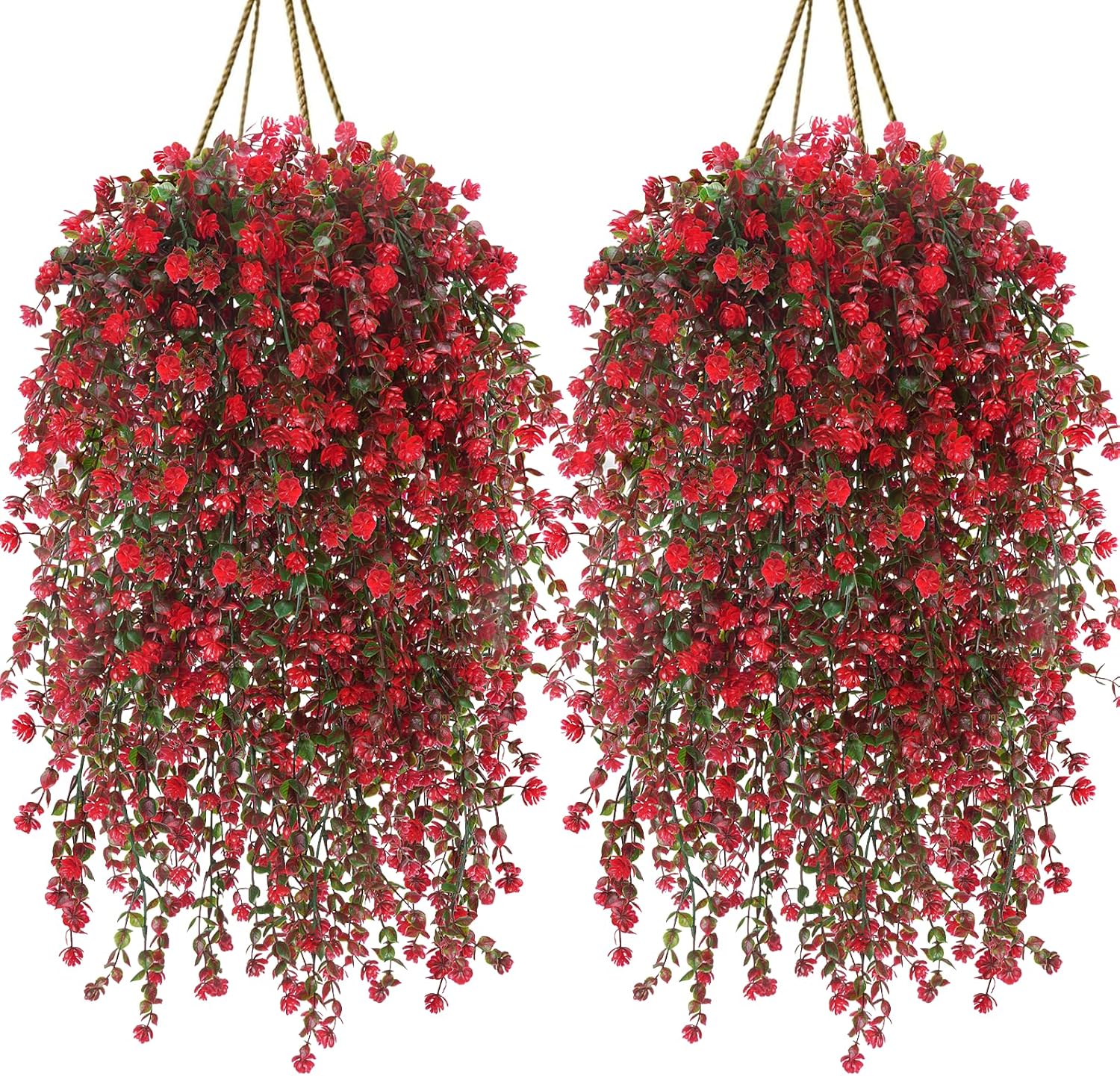 12 Pcs Red Hanging Flowers Artificial Hanging Plants Faux Eucalyptus Greenery Trailing Vines UV Resistant Plastic Plants for Indoor Outdoor Wall Garden Front Porch Home Decor