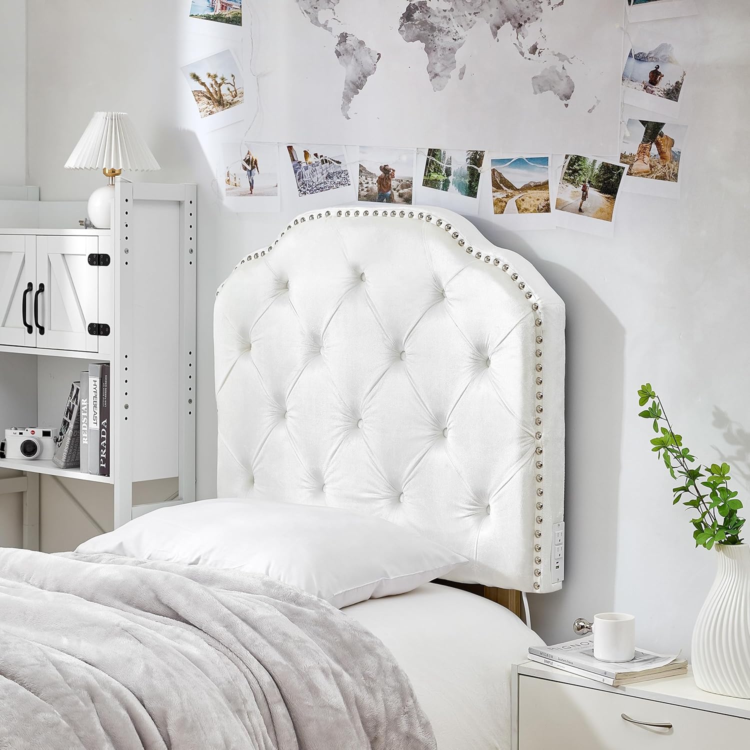 Tavira Allure® College Dorm Outlet Headboard with Legs - Bevel Tufted Rivet - White
