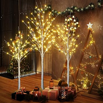 AWQM Artificial Lighted Trees, Pack of 3, 4 Feet 5 Feet 6 Feet Warm White Christmas Decoration Trees with 200 LED Lights for Home, Festival, Party, Indoor and Outdoor Use