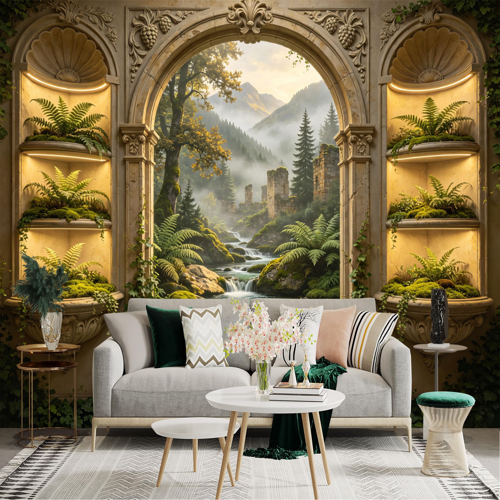 Custom Size Wall Sticker Mural， Fantasy Forest River with Ancient Ruins and Stone Archway， for wall Decoration， peelandstick wall Decals.