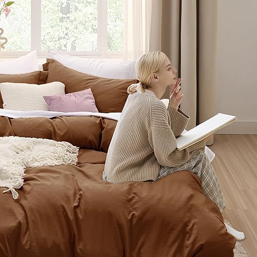 Vista 174 de Bedsure Funda de edredón azul pizarra tamaño Queen – Juego de ropa de cama extra suave prelavada similar al algodón, incluye 1 funda de edredón