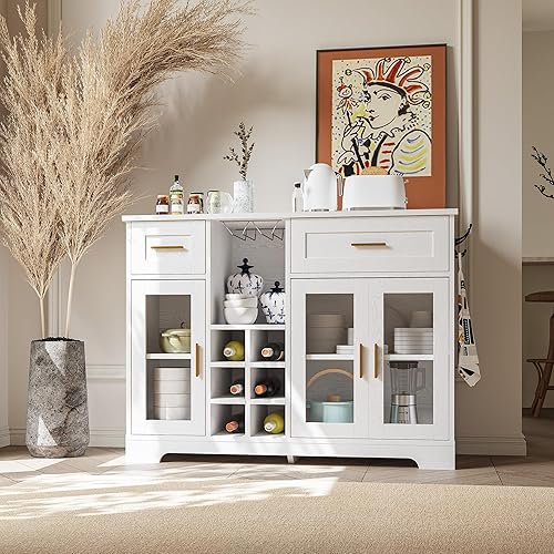 ANCTOR Modern Sideboard Buffet Cabinet with Storage Wine Bar Cabinet Built-in Power Outlet Racks Glass Doors Kitchen Sideboard Buffet Table with Doors and Shelves for Dining Room, Apartment